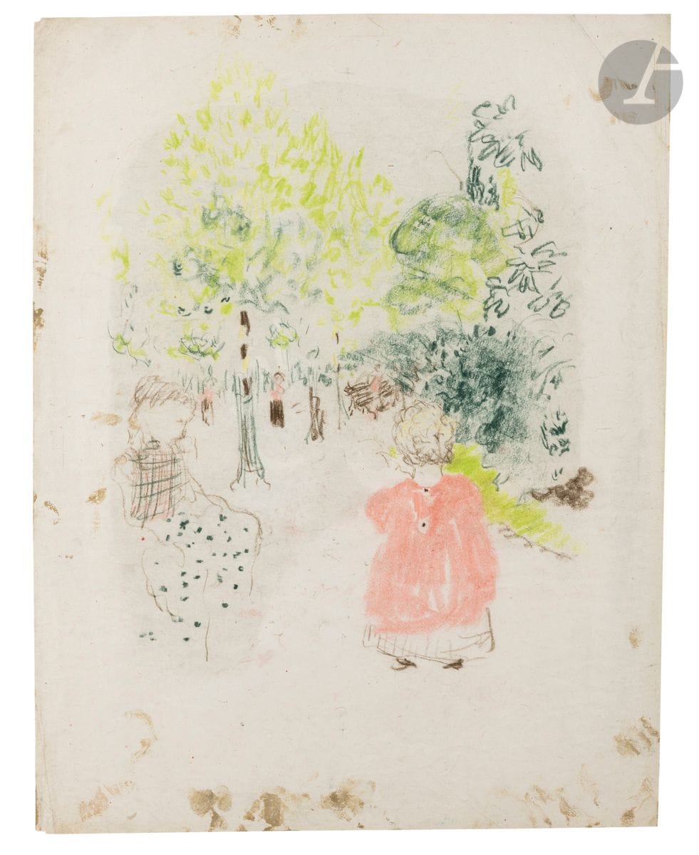 Édouard Vuillard (1868-1940) 
La Petite fille au volant. Vers 1899. Lithographie. [408 x 528]. Roger-Marx 46. Unique épreuve d’essai sur chine volant, tirée en couleurs au moyen de 3 pierres (gris, jaune et bleu foncé), avant la pierre de bistre, avant effaçage des croix de pointure ainsi que d’une annotation de chromiste en marge gauche vers le haut et d’innombrables taches, empreintes digitales et salissures aux bords des pierres (de couleur bistre, annonçant le travail sur la pierre ici encore manquante).
Au verso, autre sujet : Enfant vu de dos en robe rose dans l’allée d’un square, une femme assise esquissée à sa gauche. Esquisse au pastel (rose, vert vif, bleu et brun bistré) pour une estampe non réalisée. 315 x 400. (Le sujet était sans doute destiné à figurer dans la suite Paysages et Intérieurs commandée par Vollard).
Fins plis aux bords du feuillet, dont un oblique dans l’angle supérieur gauche au recto. Autre fin pli courbe dans le blanc de la jupe de la femme en jaune. Nombreuses traces de frottement en surface. Toutes marges. 

« Cette lithographie, demeurée à l’état d’esquisse, n’a été tirée qu’à trois ou quatre essais, l’un sans la planche de bleu. » (Claude Roger-Marx, L’œuvre gravé de Vuillard, Monte-Carlo, A. Sauret, p. 128). Notre épreuve est une épreuve d’essai unique portant au verso une esquisse au pastel en vue d’une lithographie demeurée non publiée, décrite par Claude Roger-Marx, lequel l’avait vue dans la collection de Jacques Salomon (artiste peintre et auteur de plusieurs livres sur Vuillard, gendre de Ker-Xavier Roussel dont il avait épousé la fille Annette, et neveu par alliance de Vuillard : K.-X. Roussel avait en effet épousé Marie Vuillard, sœur d’Édouard).

Roger-Marx indique avoir vu notre épreuve mais ne la reproduit pas : « Au verso d’une épreuve d’essai, l’esquisse d’une lithographie non exécutée : un square avec, au premier plan, vu de dos, un enfant en robe rouge (Coll. Salomon). » (Claude Roger-Marx, op. cit.). Il est à noter que la robe de l’enfant est de teinte rose franc.

Ce pastel a figuré dans une exposition de la galerie Hugette Berès, 25 quai Voltaire, en avril-mai 1956. Il a été reproduit sous forme d’affiche en lithographie par Mourlot pour annoncer cette exposition (« E. Vuillard, le lithographe – dessins, pastels, gouaches »).

Un certificat de Mathias Chivot (Archives Vuillard) sera délivré à l’acquéreur.