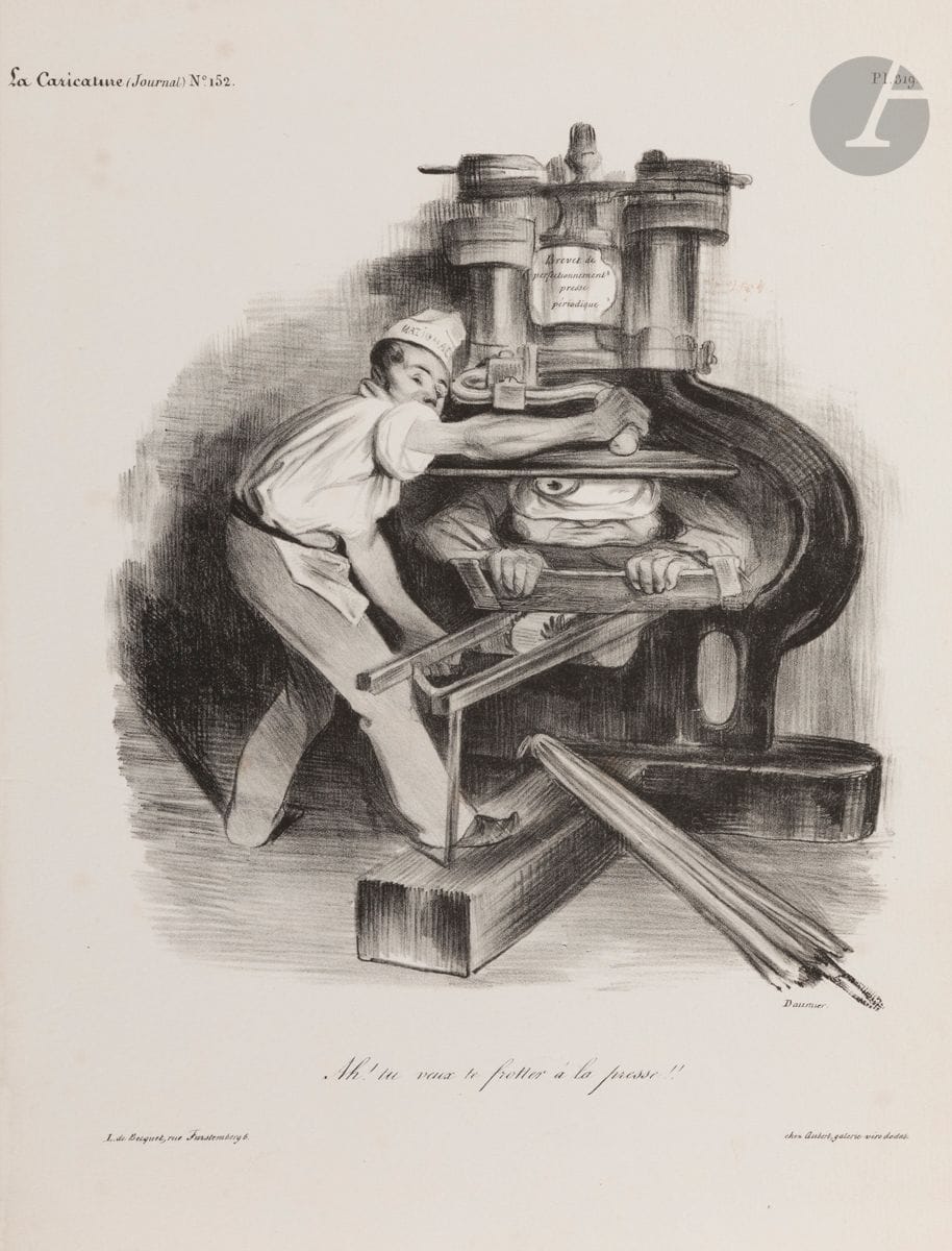 Honoré Daumier (1808-1879) 
Ah! you want to rub shoulders with the press! (La Caricature, pl. 319). 1833. Lithograph. 205 x 225. Delteil 71. Very fine proof on cream vellum. Some light foxing. A circular reddish stain at the foot of the right-hand leaf. Fine horizontal broken fold at left edge. Full margins. Ex-coll. E. Frapier (Lugt 2921a). 

"In 1830, after the 3 glorious [days of] July 27, 28 and 29, the constitutional charter initiated by Louis-Philippe proclaimed that "Citizens have the right to publish and have printed their opinions in compliance with the laws. Censorship can never be re-established". In the same year, Philipon founded the weekly La Caricature, with Daumier as its main cartoonist, followed by the daily Le Charivari (1832). Here, Louis-Philippe, whose legendary umbrella can be seen in the foreground, is pressed by a typographer avenging the threatened freedom of the press. This plate prefigures the famous lithograph "Ne vous y frottez pas!", published by L'Association mensuelle in March 1834." (essentiels.bnf.fr).