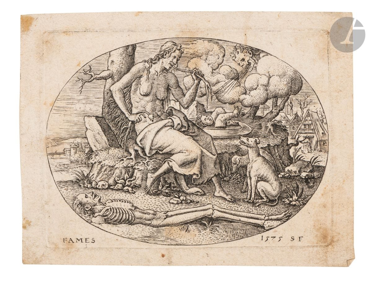 Étienne Delaune (vers 1518-1583)
Fames (La Famine). 1575. Eau-forte. 82 x 64. Robert-Dumesnil 19 ; Julie Rohou dir., Graver la Renaissance ; Étienne Delaune et les arts décoratifs, cat. d’exposition, Écouen, Musée national de la Renaissance, Paris, RMN-Grand Palais, 2019, p. 47-48, n° 18b. Belle épreuve sur vergé mince, collée par les bords sur vélin. Taches rousses. Petites marges.