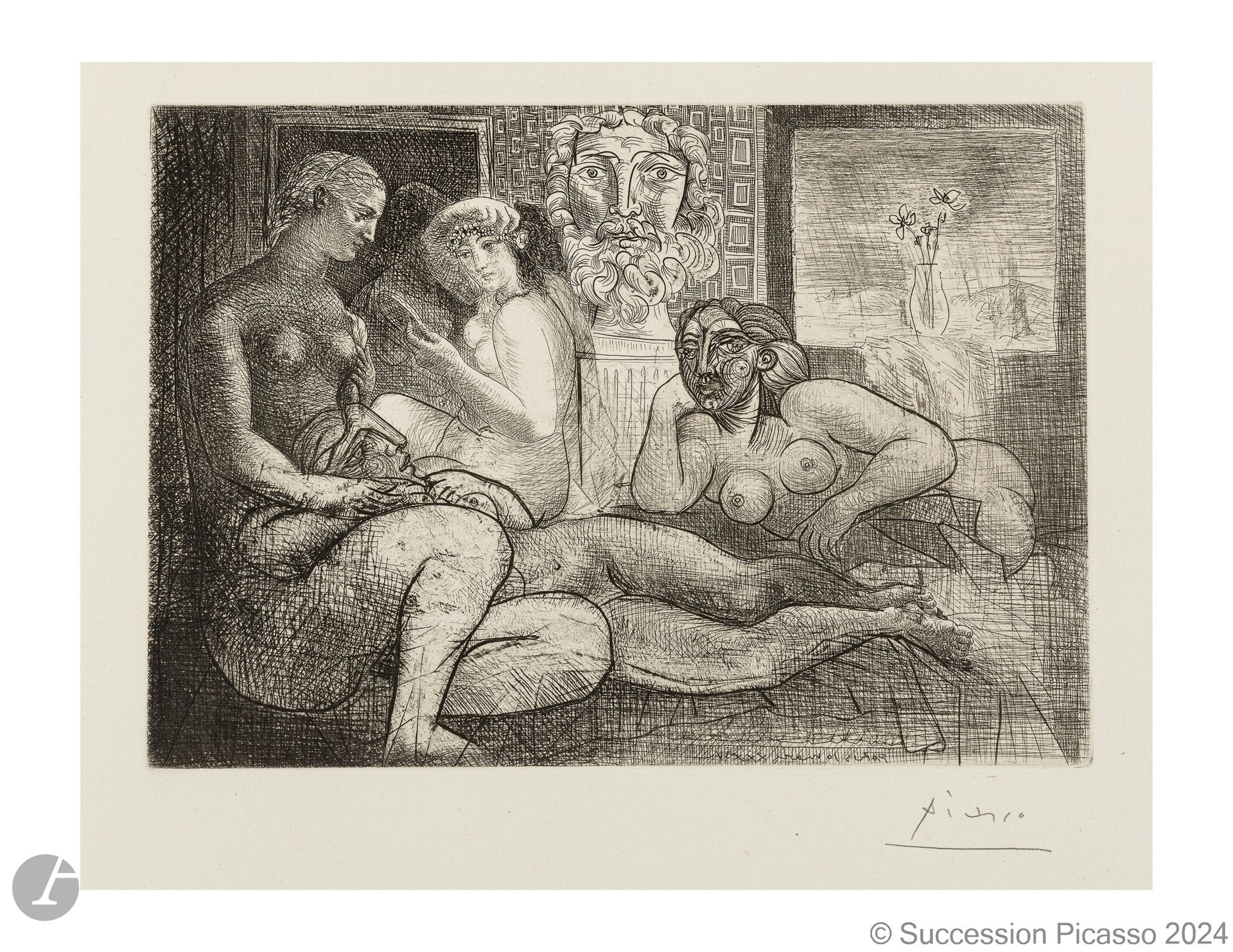 Pablo Picasso (1881-1973) 
Four nude women and sculpted head. (Suite Vollard, pl. 82). March 10, 1934. Etching, scraping and burin. 312 x 220 [450 x 340]. Bloch 219; Baer 424 V B d. Very fine proof on Montval laid paper watermarked "Vollard", from an edition of 260 proofs with small margins, signed in pencil. Minute trace of oxidation at the edges of the folio. Tiny 8 mm oblique filiform indentation to the left of the signature (tiny surface scratch). Full margins. 

Provenance:
A. Vollard (1866-1939); H. M. Petiet (1894-1980).