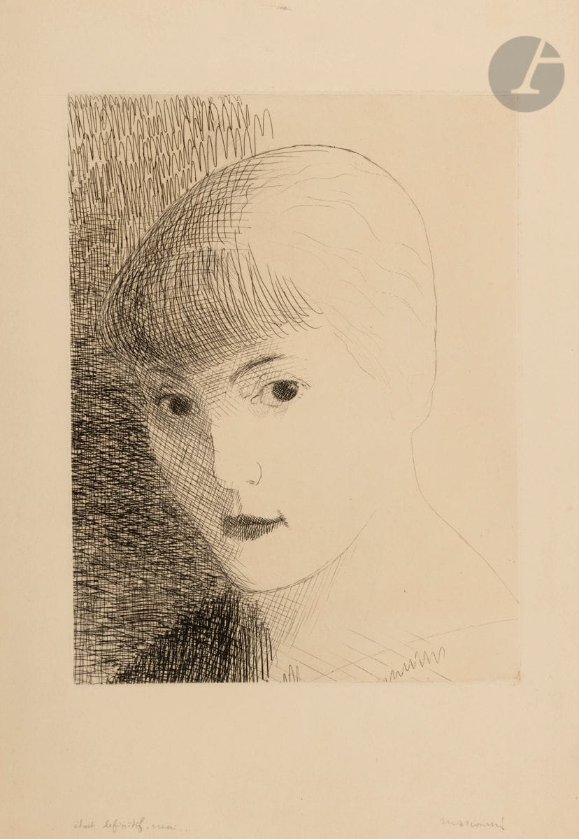 Louis Marcoussis (Ludwik Kazimierz Władysław Markus, dit) (1883-1941) 
Misia Sert. 1933. Eau-forte. 235 x 310. Milet 99. Très belle et fraîche épreuve sur vélin crème, annotée en pied au crayon « état définitif, essai » puis signée au crayon. Pli souple oblique visible au verso. Toutes marges. Rare. Seules 2 épreuves de cet état sont connues. Tirage total estimé à moins de 20 épreuves. Timbre de l’atelier (Lugt non décrit) et timbre postal violet au verso. 

Provenance :
Atelier de l’artiste.