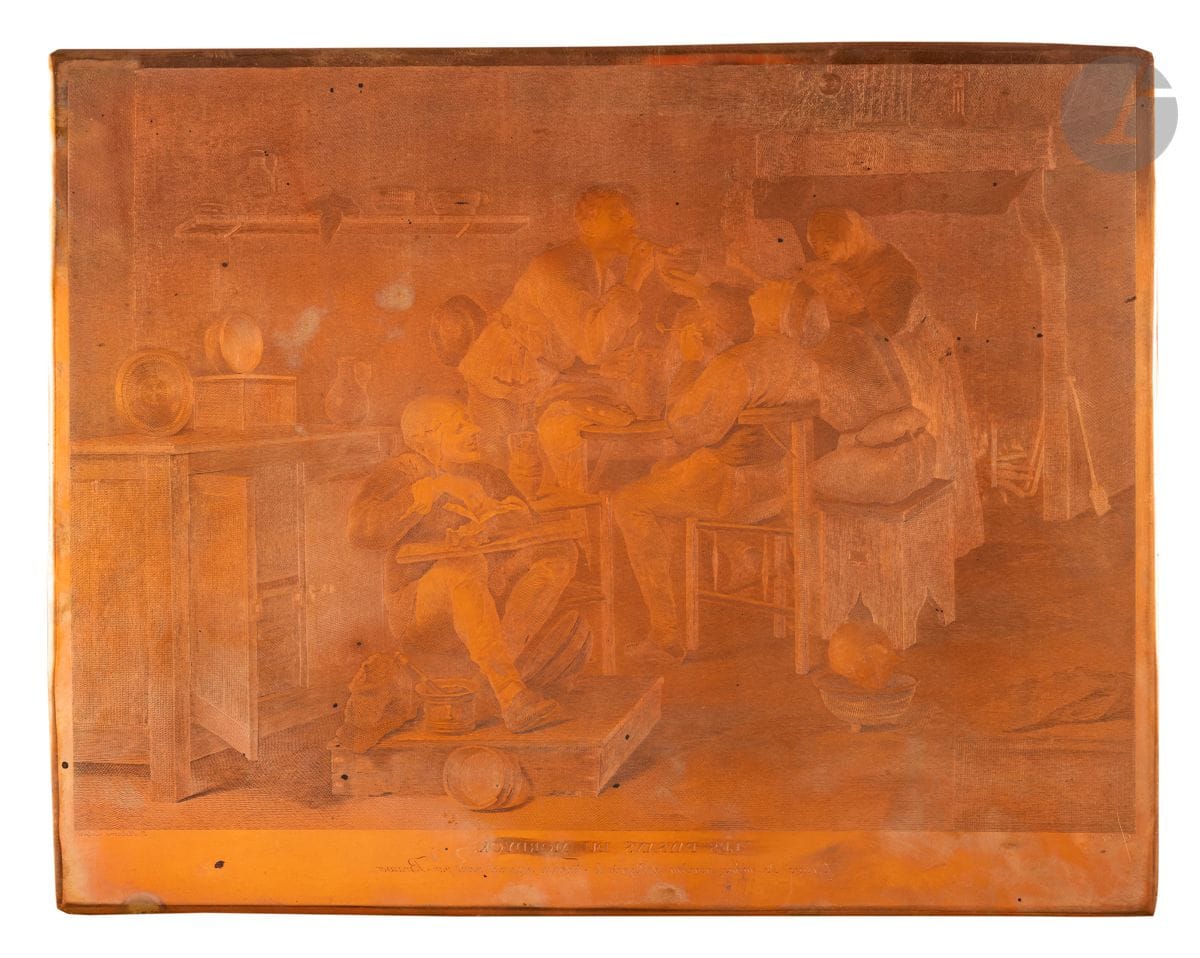Pierre Maleuvre (1740-1803) 
Les Paysans du Mordyck. Cuivre gravé au burin, d’après le tableau de Brouwer. 450 x 360. Biseauté, les angles arrondis. Petites taches d’encre en surface. Contenu dans une enveloppe portant le sujet imprimé.