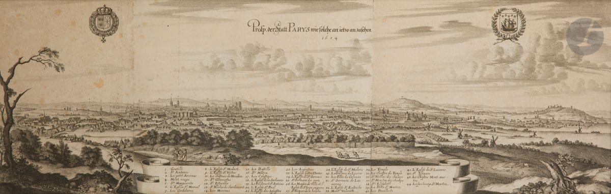 Mathäus Merian le Vieux (1593-1650)
Prosp. der Statt Parys wie solche an ietzo an zusehen / 1654. (Vue panoramique de Paris depuis les hauteurs de Charonne). (Pl. pour Topographia Galliae, 1655). Burin. À vue : 850 x 255. Belle épreuve sur vergé, en trois morceaux raboutés. Plis verticaux. Rousseurs claires. Plusieurs petits trous et manques en surface. Sans marges apparentes. Cadre (non examinée hors du cadre).