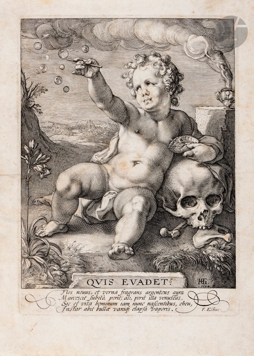 Hendrik Goltzius (1558-1617)
Quis evadet ? (Qui y échappera ?). 1594. Burin. 156 x 215. New Hollstein 128 ; Strauss 323. Bonne épreuve sur vergé mince, soigneusement lavée (le papier d’allure un peu grise), avec petites amincissures et quelques habiles restaurations visibles par transparence. Légères rousseurs persistantes, notamment sur le ventre du putto. Petites marges.