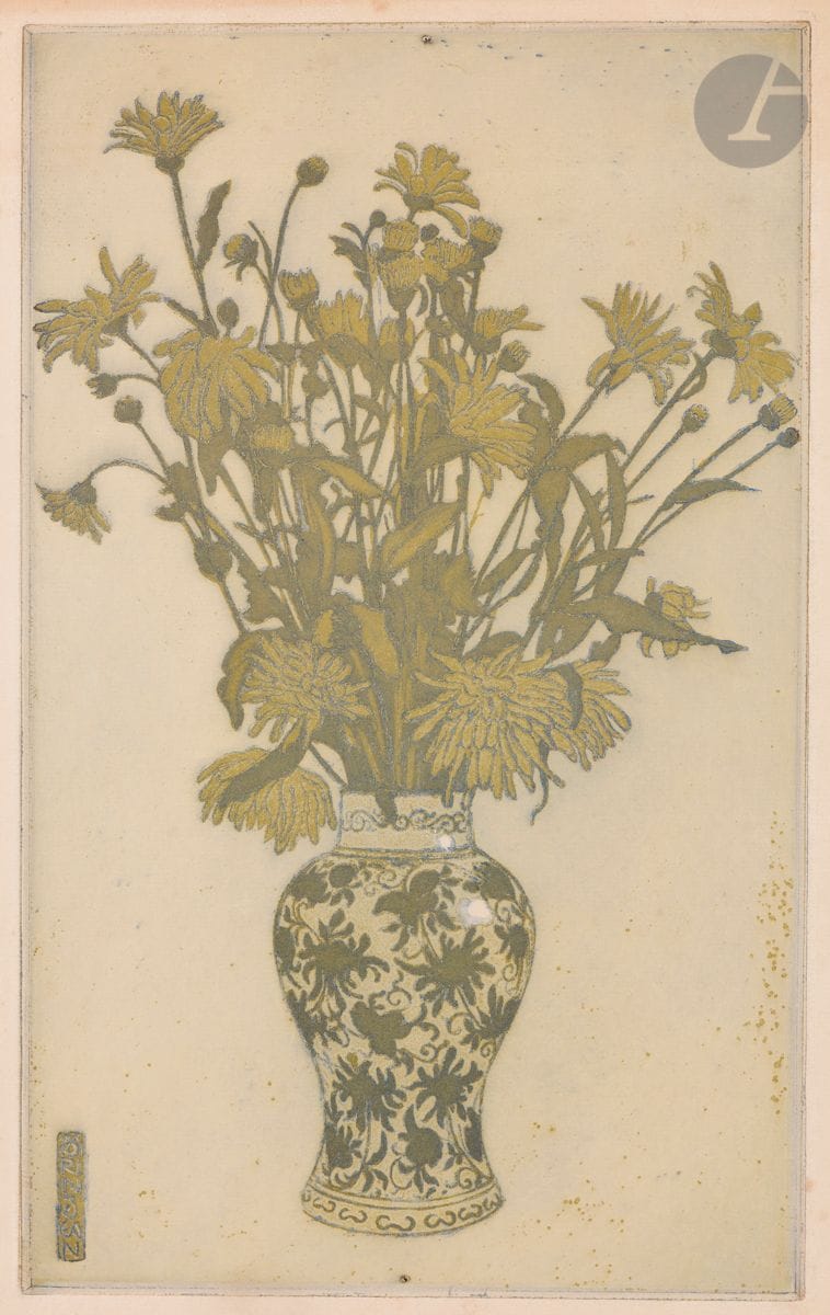 Morin-Jean (Jean-Alexis Morin, dit) (1877-1940) 
Dahlias dans un vase. Vers 1900-1910. Eau-forte. 246 x 416. Impression en couleurs. Belle épreuve sur vergé filigrané « Eug. Delâtre », signée dans le cuivre d’un cartouche japonisant. Traces d’oxydation et de plis marginales. Rousseurs claires et menus accidents aux bords du feuillet. Toutes marges.