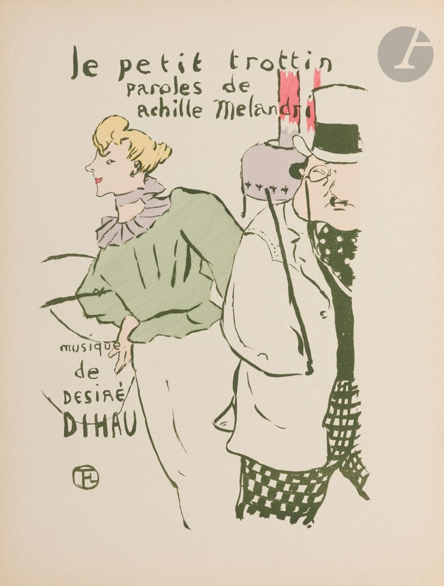 Henri de Toulouse-Lautrec (1864-1901) 
Le Petit trottin. 1893. Lithographie. 195 x 270. Delteil 27 ; Wittrock 14. Très belle et fraîche épreuve tirée en vert olive sur vélin glacé ivoire, coloriée au pochoir, d’un tirage effectué après 1901. Légère oxydation aux bords du feuillet. Toutes marges.