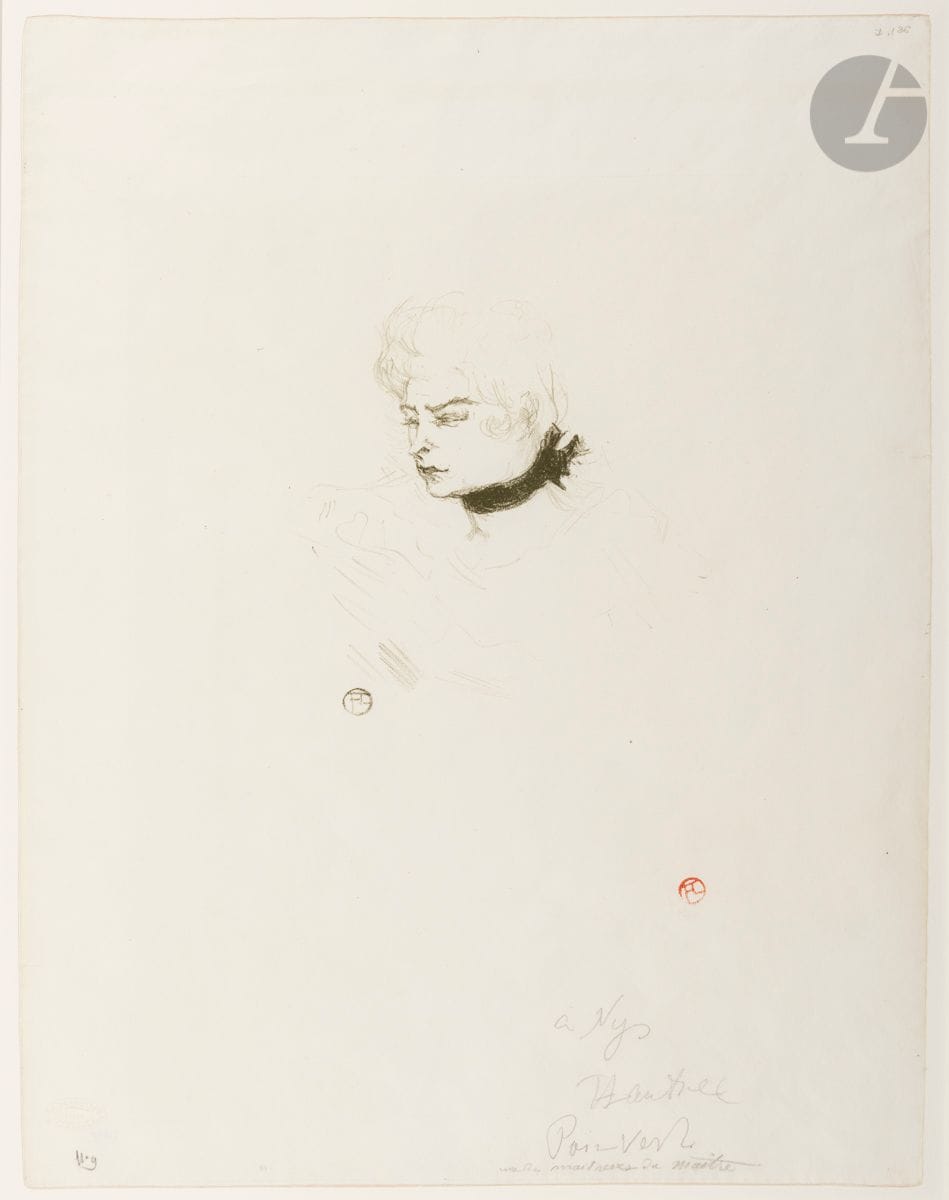 Henri de Toulouse-Lautrec (1864-1901) 
Mademoiselle Pois Vert. 1895. Lithographie. 187 x 190 [397 x 515]. Delteil 126 ; Wittrock 122. Impression en vert olive foncé. Très belle épreuve sur vélin blanc mince, revêtue du timbre rouge du monogramme, puis dédicacée d’une ample écriture au crayon « à Nys », signée, annotée « Pois Vert / une des maîtresses du maître », soigneusement lavée, montée à fenêtre. Timbre sec d’Éd. Kleinmann (Lugt 1573) en bas à gauche et annotation « N° 9 » de sa main au crayon. Toutes marges. Très rare. Tirage à 25 épreuves (dont 13 dans des collections publiques selon Wittrock). 

Provenance :
Ancienne collection Gérard-Henri Gilbert (1879-1943), expert en philatélie.

La famille Nys était proche de l’artiste. On recense un portrait de Mademoiselle Nys, daté de 1899, huile sur panneau conservée au Metropolitan de New York. L’œuvre est dédicacée « à la famille Nys ». 

On ne connaît pas l’identité exacte du modèle, Mademoiselle Pois Vert. Elle porte autour du cou le ruban noir typique des chanteuses de café-concert.