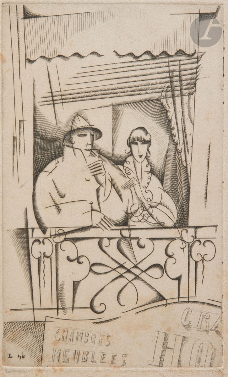 Jean-Émile Laboureur (1877-1943) 
Balcony. 1917-1919. Burin. Sight: 155 x 230. Laboureur 181. Fine proof on laid paper, signed and numbered in pencil. Heavy brown spots. Margins. Edition of 35 proofs.
