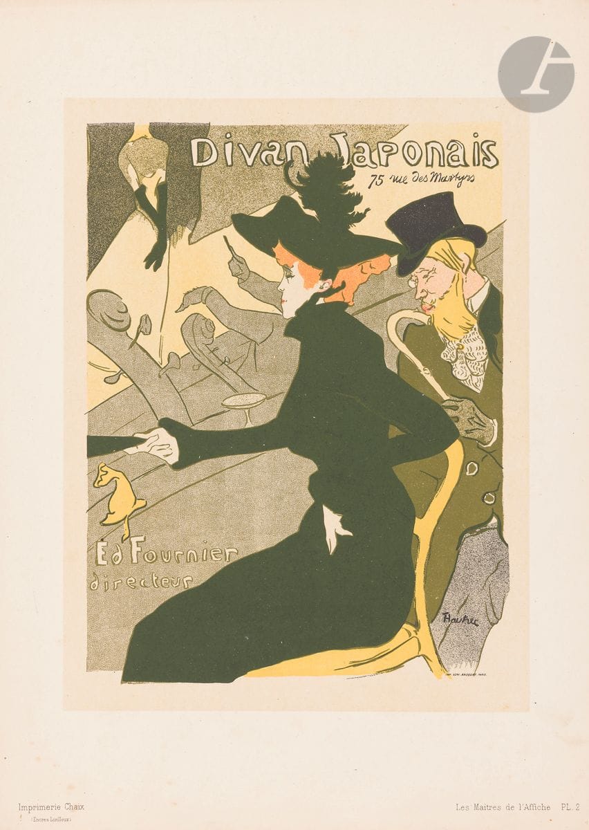 Henri de Toulouse-Lautrec (1864-1901) (d’après) 
Divan Japonais. Lithographie. [287 x 400]. Impression en couleurs. Très belle épreuve sur vélin glacé ivoire, parue dans Les Maîtres de l’Affiche (pl. 2, décembre 1895), avec le timbre sec (Lugt 1777c). Rousseurs claires. Toutes marges.