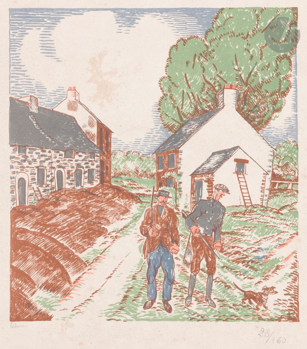 Jean-Émile Laboureur (1877-1943) 
Le Départ pour la chasse. 1927. Lithographie. 210 x 230. Laboureur 780. Impression en couleurs. Belle épreuve sur vélin blanc fort, numérotée et signée au crayon. Larges rousseurs claires éparses. Trace claire d’oxydation autour du sujet. Toutes marges. Tirage à 150 épreuves. Timbre sec : Le Chien de Pique (Lugt 4622).