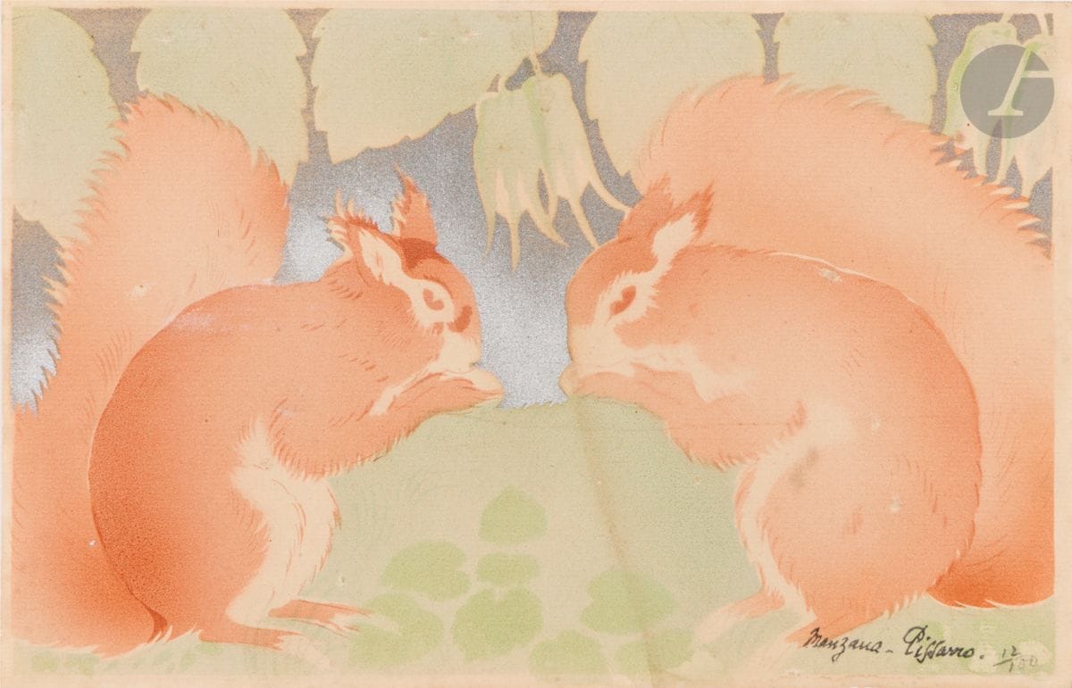Manzana-Pissarro 
(Georges Henri Pissarro, known as) 
(1871-1961) 
Two Squirrels. Circa 1930. Stencil in color and silver ink. [262 x 172]. Good proof on ivory laid paper, signed in pen and numbered in pencil. Small moisture rings and light foxing. Tiny tears along lower edge. Narrow margins. Edition of 100 proofs.