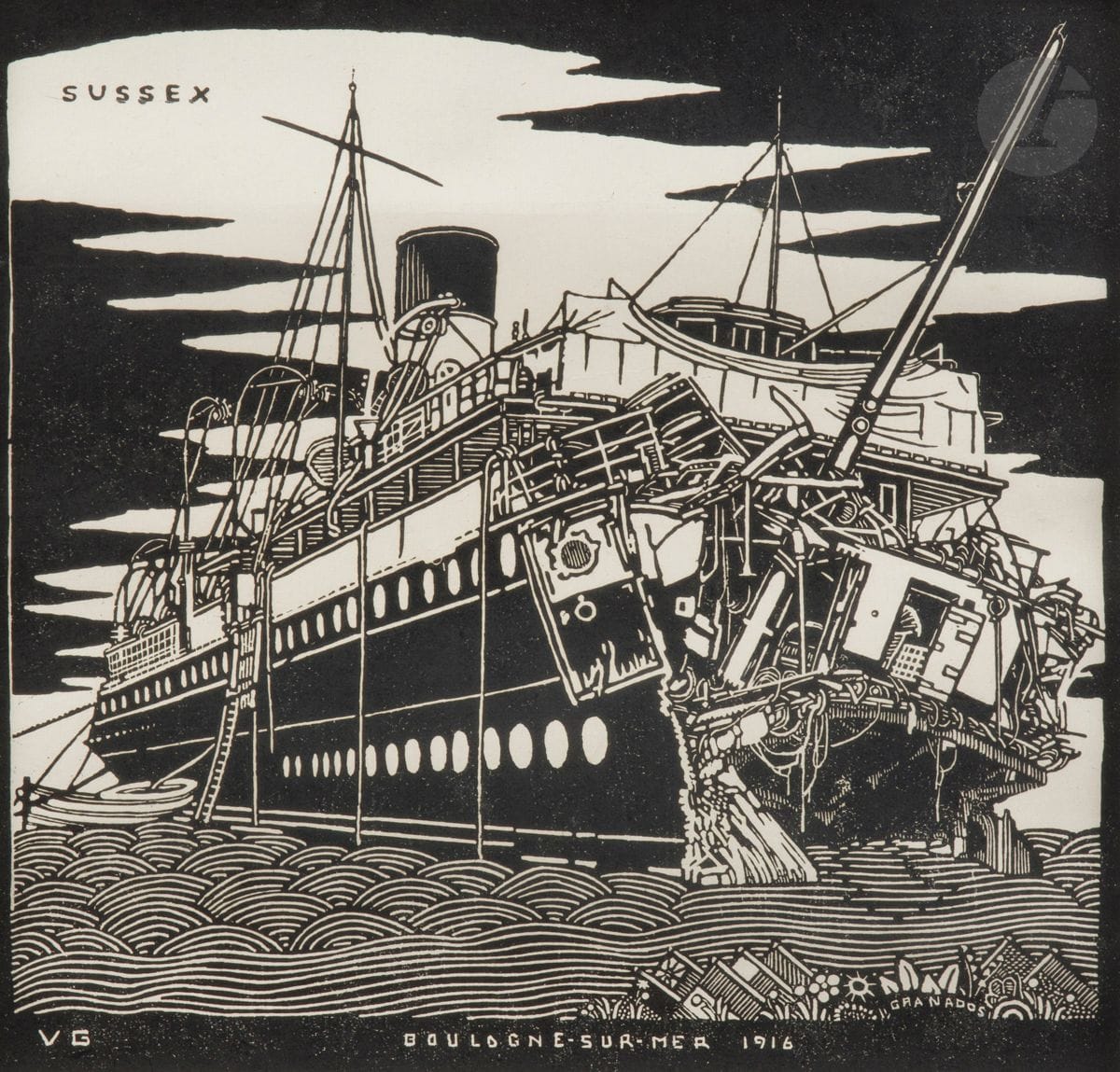 Valentine Gross (later Valentine Hugo) (1887-1968) 
Sussex - Boulogne-sur-Mer. 1916. Woodcut. Sight: 195 x 195. Fine proof on glazed vellum, annotated "épreuve d'artiste" and signed in pencil. Some fine traces of folding. Margins. Frame (not examined out of frame).