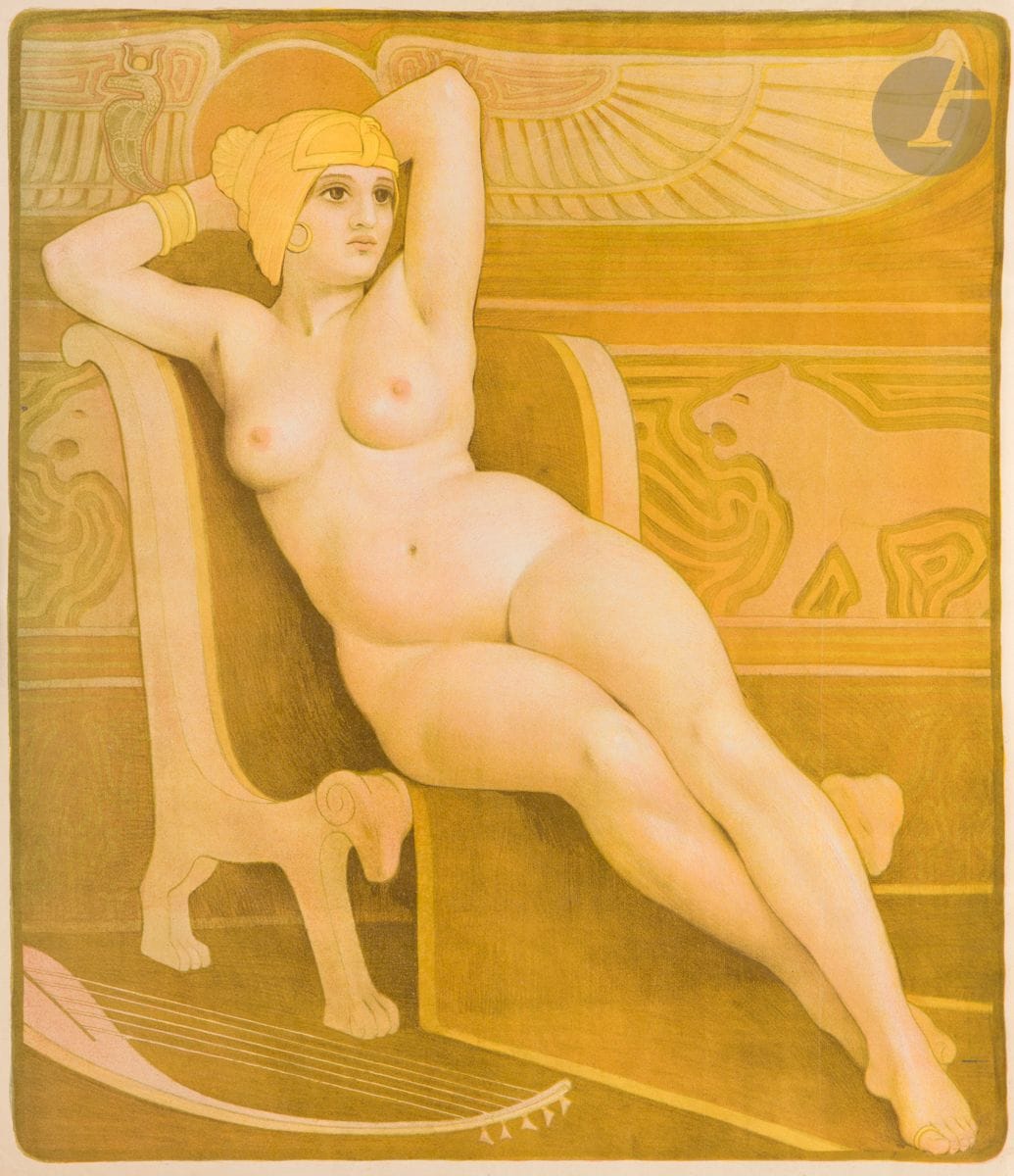Paul Berthon (1872-1909) 
Femme nue à la lyre. Vers 1900. Lithographie. 502 x 585. Arwas non décrit. Impression en couleurs. Très belle épreuve sur vélin ivoire. Deux courtes déchirures en marge supérieure, habilement restaurées au verso. Toutes marges.