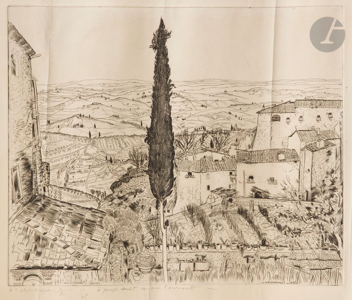 Étienne Cournault (1891-1948) 
Le Cyprès (Toscane). 1936. Burin. 453 x 377. Simon-Cournault 547. Belle épreuve sur vélin fort ivoire, annotée « 6e état 2 épr. 2/2 », numérotée « 11/45 » et dédicacée au crayon « à Joseph Hecht son ami Cournault ». Longs plis verticaux, certains cassés (l’épreuve ayant été roulée). Empoussiérage aux bords du feuillet. Toutes marges. Tirage total à 45 épreuves. Joint : La Colline de Poggio. 1937. Burin. 455 x 378. Simon-Cournault 583. Belle épreuve sur vélin fort ivoire, l’une des 4 du 1er état (sur 4), avant la signature gravée et avant de nouveaux travaux, justifiée « D/45 », annotée « épreuve d’artiste 1e état 10 ép. » et dédicacée au crayon « à Joseph Hecht son ami Cournault 1937 ». Longs et forts plis verticaux, certains cassés (l’épreuve ayant été roulée). Accidents, deux longues déchirures obliques et empoussiérage aux bords du feuillet. Toutes marges. Tirage total à 45 épreuves. Ens. 2 p. 

L’épreuve du Cyprès est citée par Simon-Cournault comme l’une des 2 du 6e état, mais elle correspond en réalité au 7e état (sur 8) car elle comporte bien la mention gravée en bas « San Gimignano Toscane ». 

Provenance :
Joseph (Józef) Hecht, artiste graveur juif polonais (1891-1951).