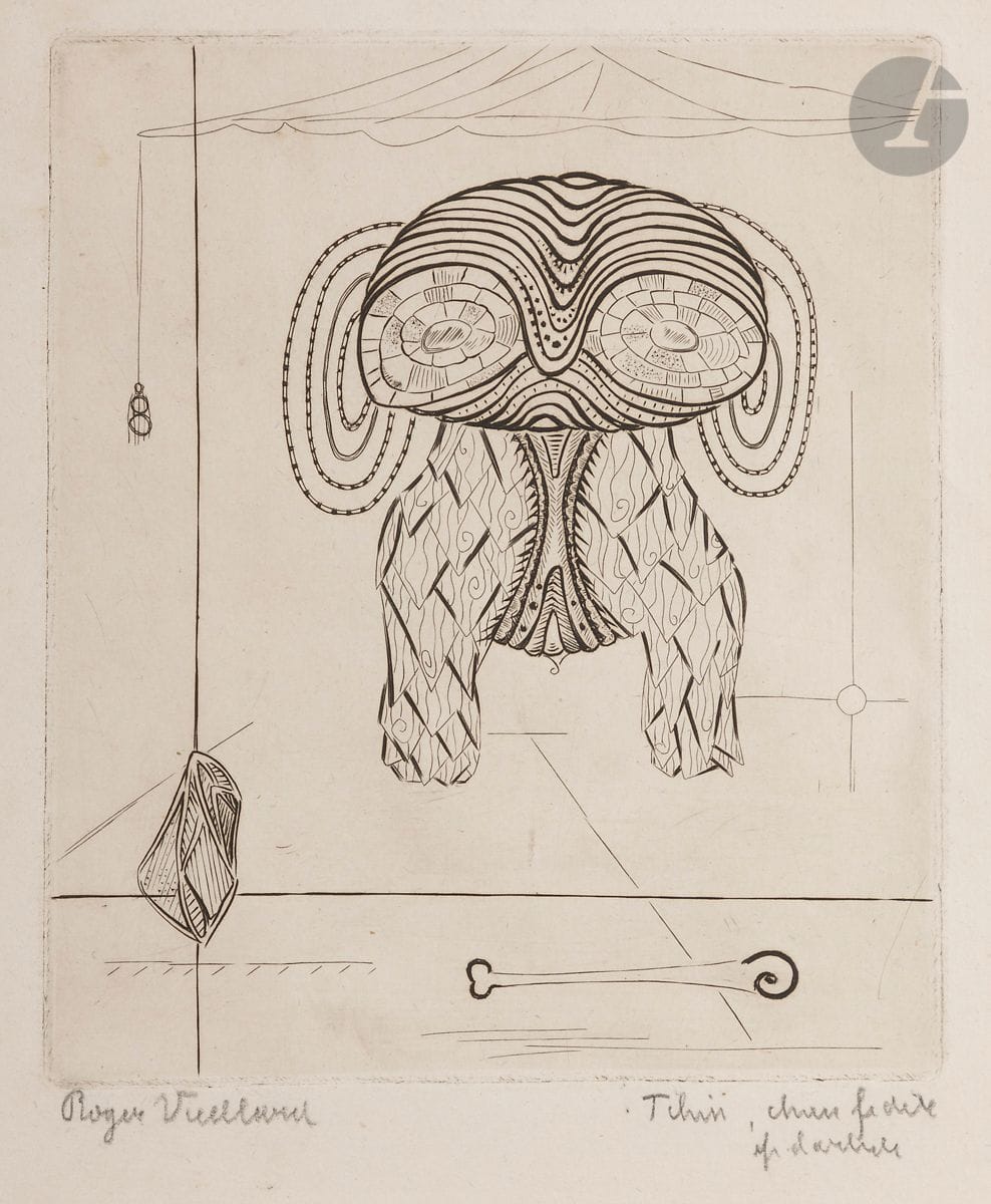 Roger Vieillard (1907-1989) 
Tchin chien fidèle. 1949-1950. Burin. 123 x 145. Guérin-Rault 201. Belle épreuve sur vergé, signée, titrée et annotée « ép. d’artiste ». Large trace d’humidité au bord gauche. Toutes marges. Tirage à 40 épreuves.