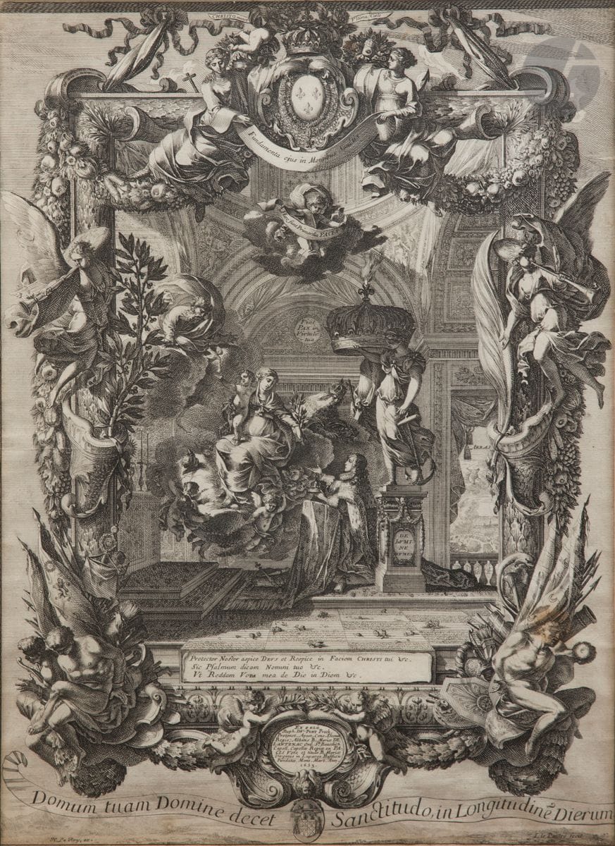 Jean Le Pautre (1618-1682)
Vow of peace for France formulated by the young Louis XIV on the occasion of the lifting of the siege of Arras (August 1654). Etching. Sight: 375 x 515. Préaud 231. Very fine proof on laid paper. No apparent margins. Frame (not examined outside the frame).