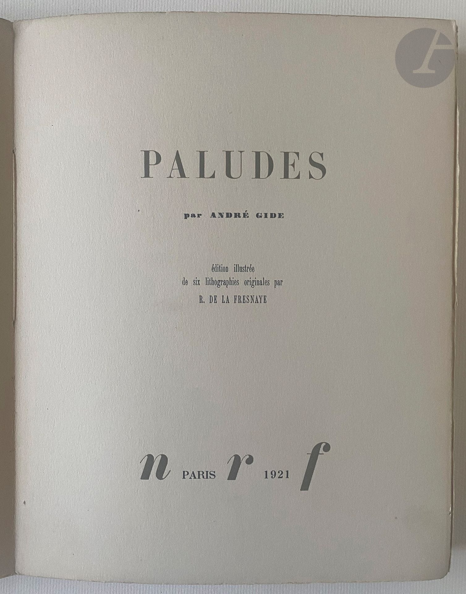 LA FRESNAYE (Roger de) - GIDE (André).
Paludes.
Paris : NRF, 1921. — In-4, broché, couverture rempliée, chemise et étui cartonnés.

Édition de luxe tirée à 312 exemplaires numérotés sur papier pur fil Lafuma, illustrée de 6 lithographies originales à pleine page du peintre cubiste Roger de LA FRESNAYE (1885-1925).

Petites et discrètes restaurations au dos, sinon exemplaire très bien conservé.