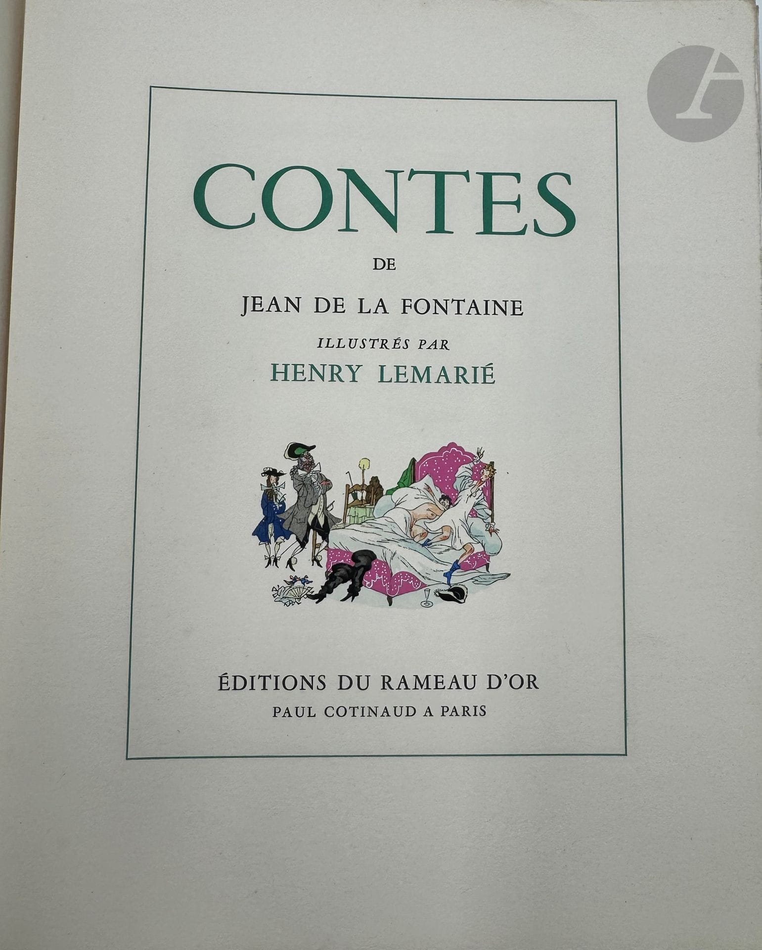 LEMARIÉ (Henry) - LA FONTAINE (Jean de).
Contes.
Paris : Rameau d'or, s.d. —2 volumes in-8, en feuilles, couverture rempliée, chemise et étui de l'éditeur.

Édition illustrée de 123 compositions en couleurs de Henry LEMARIÉ (1911-1991) dont deux sur la couverture, deux vignettes de titre, 62 têtes de chapitre et 57 culs-de-lampe.

Exemplaire d'artiste, justifié par Lemarié, enrichi d'une aquarelle originale signée ayant servi à l'illustration (II, page 185) et cet envoi autographe signé : «à // Monsieur // Staquet // ces “Contes” de // La Fontaine // en très cordial hommage // Henry Lemarié. »

Quelques défauts d'usage aux chemises.