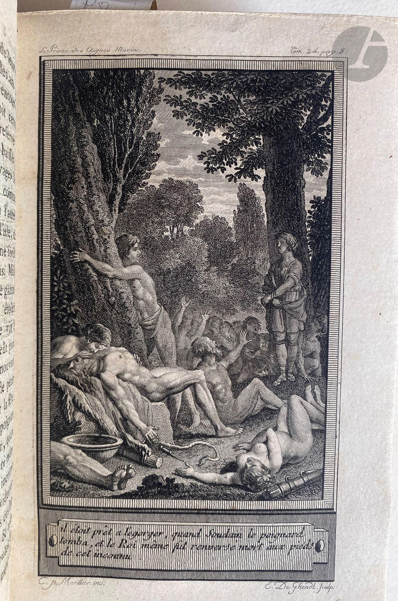 CABINET DES FÉES (Le) ; ou collection choisie des contes de fées, et autres contes merveilleux.
Genève, Barde, Manget & Compagnie ; Paris, Cuchet, 1785-1789. — 41 volumes in-12, maroquin rouge, dos lisse, tête dorée, non rogné (reliures modernes, non terminées).

Édition in-12 parut en parallèle à celle in-8, de ce recueil célèbre de contes de fées des XVIIe et XVIIIe siècles, dont la publication fut initiée par Charles-Joseph de Mayer dans le but de sauver de l'oubli ces textes déjà difficiles à trouver à l'époque.

La collection fut programmée en trente volumes au format in-8 ou in-12, mais il en parut 37 entre 1785 et 1786, le trente-septième contenant les notices sur les auteurs et la liste des contes. Cet ensemble fut complété en 1788 et 1789 de quatre volumes proposant la suite des « Mille et une nuits » dans la traduction de Dom Chavis et M. Cazotte.

Chaque volume, à l'exception du trente-septième, est illustré de 3 planches gravées sur cuivre d'après Clément-Pierre MARILLIER (1740-1808), soit 120 planches. Elles sont d'un tirage légèrement postérieur à celles de l'édition in-8.

Exemplaires à toutes marges et absolument complets. Les reliures sont malheureusement modernes et en grande partie non terminées, c'est-à-dire sans dorures et avec les gardes non collées. Seuls les tomes 10, 13, 23, 26, 28 et 39 sont entièrement terminés.
Brunissure laissée par un signet à la plupart des planches. Déchirure sans manque au feuillet M3 du tome 13, avec atteinte au texte. Quelques feuillets brunis. Rousseurs éparses. Forte rousseur aux premiers feuillets et à la première planche du tome 17.