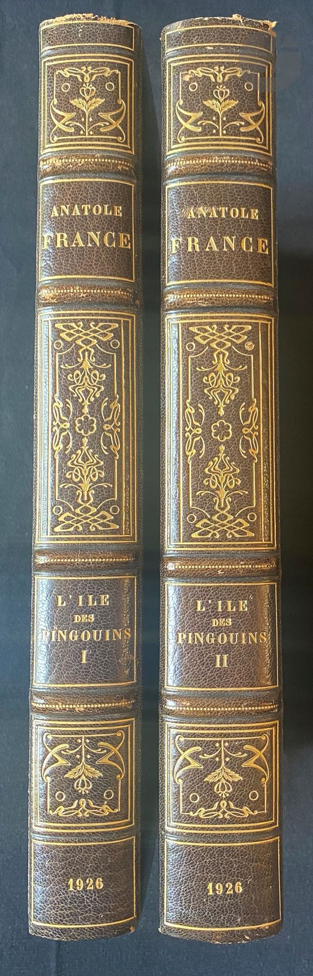 JOU (Louis) - FRANCE (Anatole).
L'Île des pingouins.
Paris : Lapina, 1926. — 2 volumes in-4, demi-maroquin vert foncé à coins, filets dorés, dos à nerfs orné, tête dorée, non rogné, couverture et dos conservés (Yseux Sr de Thierry-Simier).

Charmante édition tirée à 535 exemplaires, illustrée de 131 bois en couleurs dans le texte et de 20 pointes-sèches originales, dont 12 hors texte et 8 à pleine page, de Louis JOU (1882-1968).

Un des 410 exemplaires sur papier de Hollande pur chiffon.

Très bel exemplaire relié par Yseux.
Dos légèrement passé. Accrocs et légers manques aux coiffes de tête.