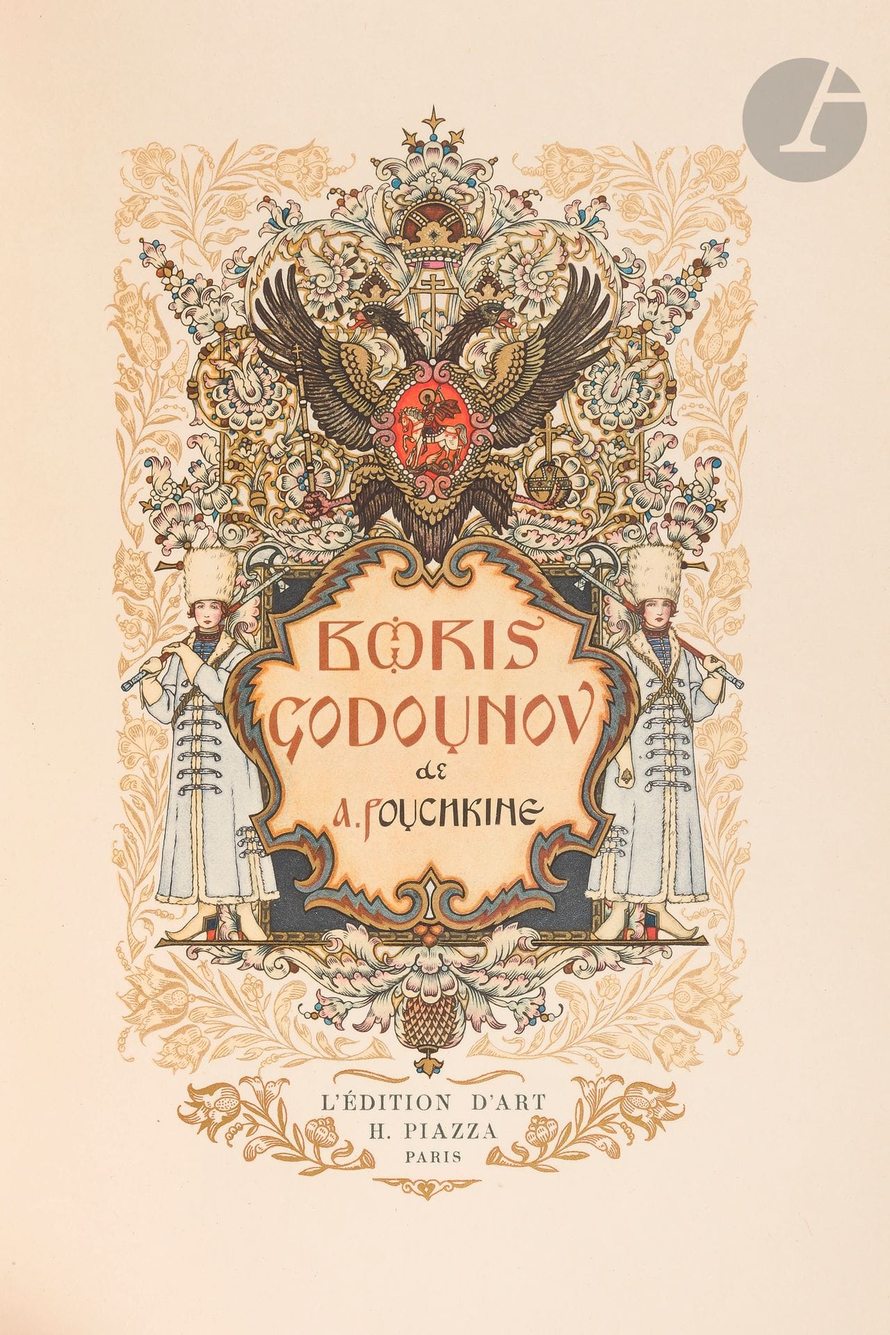 POUCHKINE (Alexandre).
Boris Godounov.
Paris : H. Piazza, [1927]. — In-8, 233 x 166 : titre, 135 pp., (4 ff. trois derniers blancs), 15 planches, couverture imprimée. Broché, couverture rempliée, étui.

Édition illustrée de 26 compositions en couleurs du peintre russe Boris Vasilyevich ZWORYKINE (1872-1942), dont un titre et 15 hors-textes.

Un des 180 premiers exemplaires numérotés sur papier japon impérial, celui-ci faisant partie des 145 contenant une suite en noir des hors-textes.

 La suite est conservée à part dans une chemise cartonnée à rabats.
Exemplaire très bien conservé. Usures à l'étui. Un des rabats de la chemise de la suite est défait.