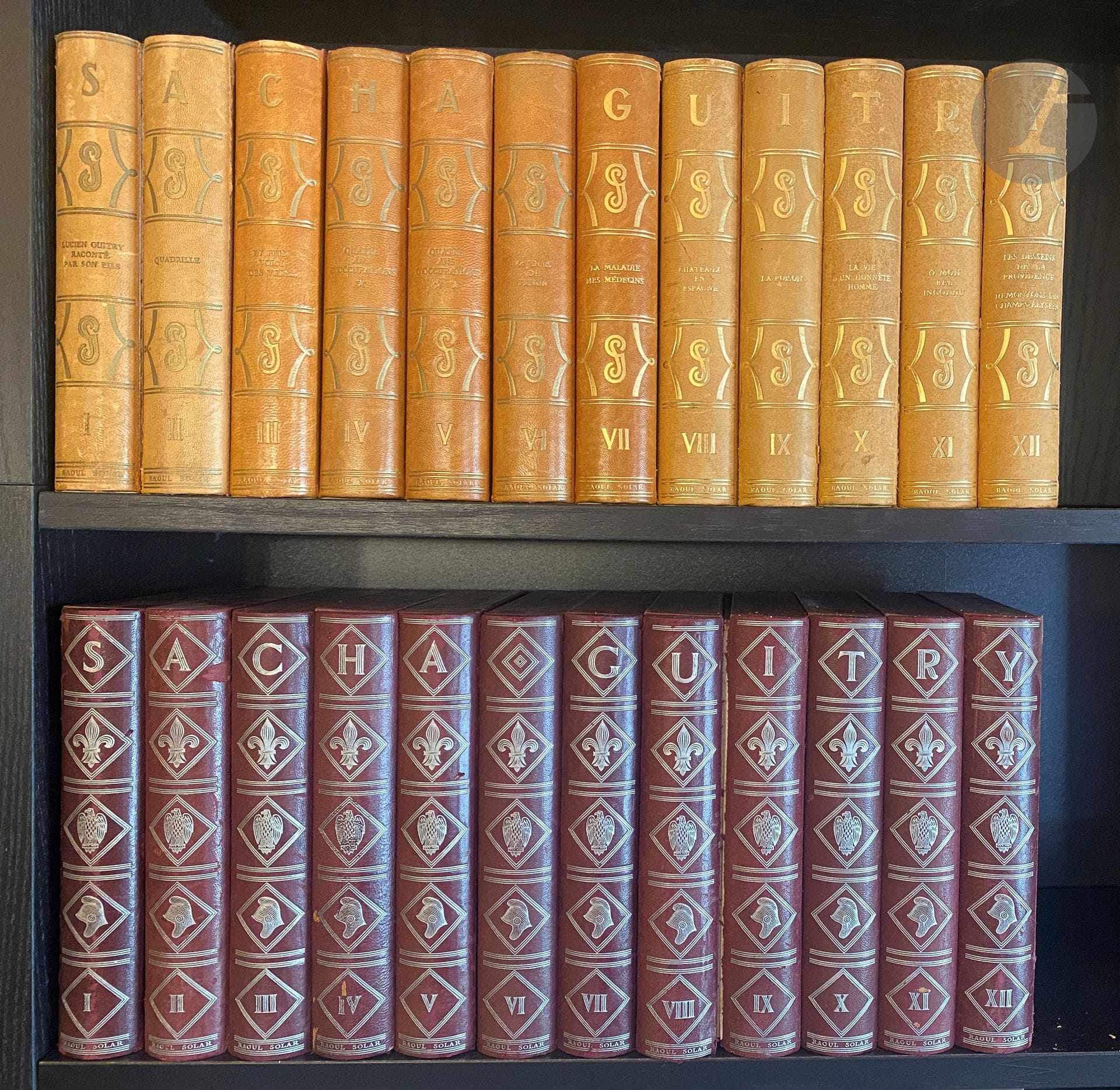 GUITRY (Sacha).
[Oeuvres].
[Paris : Raoul Solar, 1949-1957].—48 volumes in-8 en 4 séries de 12 volumes, brochés, couvertures rempliées, sous emboîtage d’éditeur différent selon les séries, demi-basane bordeaux pour la première, demi-simili cuir vert pour la seconde, basane blanche pour la troisième et demi-basane fauve marbrée pour la quatrième.

Ensemble complet des œuvres de Sacha Guitry publiées par Raoul Solar et formé de 4 séries de 12 titres. Éditions illustrées et en partie originales.

Chaque exemplaire est l’un des 92 sur chiffon à la forme des moulins de Faya, filigranés au nom de Sacha Guitry et portant la signature autographe de l’auteur, à l’exception de « O mon bel inconnu » qui possède en contrepartie un feuillet de l’éditeur expliquant les raisons de cette absence.

Première série, 500 ANS D’HISTOIRES DE FRANCE :
Histoires de France (1949. Ill. de Guy Arnoux, Galanis, Gradassi, Henri Jadoux, Georges Lepape, Touchagues, Roger Wild) - Frans Hals ou l’admiration (1949. Ill. de Galanis) - Jean de La Fontaine (1950. Ill. de Georges Lepape) - Le Bien-Aimé (1950. Ill. de Guy Arnoux) - Mozart (1950. Ill. de Jean Gradassi) - Beaumarchais (1950. Ill. de Henri Jadoux) - Cinq comédies (1950. Ill. de Guy Arnoux, Brissaud, Michel Ciry, Touchagues, Roger Wild) ; Talleyrand (1950. Ill. de Pierre Brissaud) - Deburau (1950. Ill. de Jean Boullet) - Mariette ou comment on écrit l’histoire (1950. Ill. de Touchagues) - Pasteur (1950. Ill. de Roger Wild) ; Béranger. Le Second Empire. Monsieur Thiers. Clémenceau (1950. Ill. de Michel Ciry, Gradassi, Jean Boullet, Guy Arnoux).

Deuxième série, L’AMOUR :
Je t’aime (1950. Ill. de Touchagues) - N’écoutez pas mesdames ! (1950. Ill. de Jacques Ferrand) - Le Lion et la poule (1951. Ill. de Roger de Valerio) - Mon Père avait raison (1951. Ill. de Pérot) - La Prise de Berg-op-Zoom (1951. Ill. de Pierre Noël) - Elles et toi. Constance (1951. Ill. de Suzanne Ballivet) - L’Accroche cœur. Françoise (1951. Ill. de Paulette Humbert, Gradassi) - La Pélerine écossaise (1951. Ill. de Grau Sala) - Le Soir d’Austerlitz (1951. Ill. de Valentin Le Campion) - Le Veilleur de nuit. Le Soir quand on est seul (1951. Ill. d’Yves Trevedy et Jean Gradassi) - L’Amour masqué (1951. Ill. de Marianne Clouzot) - La Jalousie (1951. Ill. de Maurice Leroy).

Troisième série, JUBILÉ :
L’Illusionniste. Deux couverts (1952. Ill. de Jean Cocteau, Henri Jadoux, Georges Lepape) - Désiré (1952. Ill. de Touchagues) - Toâ (1952. Ill. de Trevedy) - Une Folie (1952. Ill. d’Yves Trevedy) - Le Nouveau testament (1952. Ill. de Paulette Humbert) - Un Sujet de roman (1952. Ill. de Henri Jadoux) - Le Voyage de Tchong-Li (1952. Ill. de Marianne Clouzot) - Faisons un rêve. Villa à vendre (1952. Ill. de Suzanne Ballivet et de Georges Lepape) - Jean III. Adam et Eve (1953. Ill. de Lucien Boucher) - Le Mari, la femme et l’amant. Une Lettre bien tapée. Je sais que tu es dans la salle (1953. Ill. de Vertès et Jean Boullet) - La Fin du monde (1953. Ill. de Galanis) - Le Comédien (1953. “Illustré par des souvenirs”).

Quatrième série, VARIÉTÉS :
Lucien Guitry raconté par son fils (1953. Illustrée de photographies) - Et puis voici des vers (1954. Ill. de Suzanne Ballivet, Émile Compard, Georges Lepape et l’auteur) - Quadrille (1954. Ill. de Touchagues) - Quatre ans d’occupations 1940-1941 (1954) - Quatre ans d’occupations 1942 à 1944 (1954) - 60 jours de prisons (1955. Ill. de Sacha Guitry) - La Maladie & mes médecins (1955. Ill. de l’auteur) - Châteaux en Espagne (1955. Ill. d’Yves Trevedy) - Le Poison (1956. Ill. d’André Collot) - La Vie d’un honnête homme (1956. Ill. d’André Collot) - O mon bel inconnu (1957. Ill. de Henri Jadoux) - Les Desseins de la providence & Remontons les Champs-Élysées (1957. Ill. de Touchague et de Guy Arnoux).

Frottements et défauts d'usage aux emboîtages. Fente à quelques charnières de certains emboîtages.