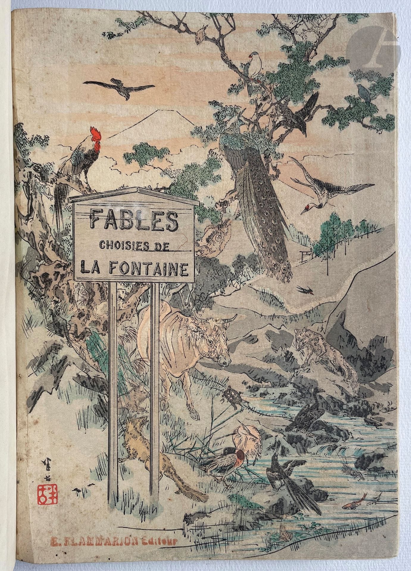 LA FONTAINE (Jean de).
Choix de fables de La Fontaine illustrées par un groupe des meilleurs artistes de Tokio. Sous la direction de P. Barboutau.
Tokyo : imprimerie de Tsoukidji-Tokio, 1894. — 2 tomes en un volume in-8, demi-veau marbré, plats de papier décoré de fleurs gaufrées dorées recouvertes de rainures bordeaux, pièce de cuir vert comprenant le titre doré dans un cadre de bambous dorés sur le premier plat, tête dorée, premier plat d'une des couvertures conservé (reliure de l'époque).

Rochambeau, 1319.

Célèbre édition imprimée à Tokyo pour Flammarion et publiée par Pierre Barboutau (1862-1916), proposant un choix de 28 fables de La Fontaine. Elle est illustrée, outre les couvertures, de vignettes en noir et surtout de 28 superbes compositions gravées en couleurs sur double page. 

Ces compositions sont l'œuvre de cinq peintres japonais : Kyōsui Kawanabe (1868-1935) fille du célèbre peintre Kyosai Kawanabe, Tomonobu Kanō (1843-1912) dernier grand maître de la famille Kanō, Shûsui Okakura (1867-1950), Sadahiko Eda et Hanko Kajita (1870-1917).

Exemplaire du tirage courant, joliment relié.
Défauts à l'étui. Quelques rares rousseurs.
