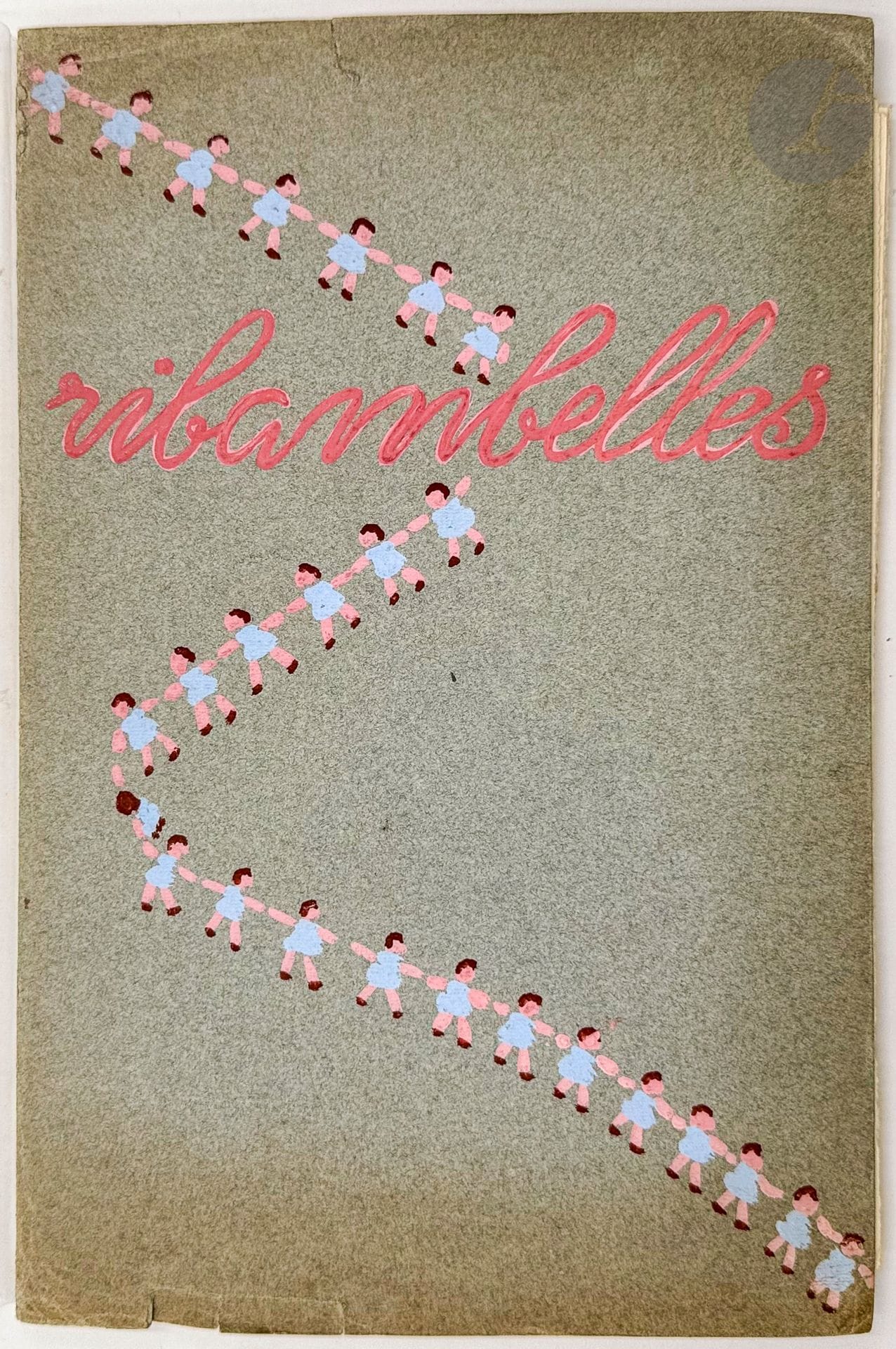 [ENFANTINA - MANUSCRIT].
Ribambelles.
S.l., s.d. [vers 1950]. —In-4, en feuilles, couverture rempliée.

Joli livre pour enfants entièrement manuscrit mettant en scène Claude et Liliane. Il se compose d'une couverture et de 24 feuillets comprenant une partie textuelle et un dessin original à l'aquarelle, à l'exception du troisième feuillet où le texte a été copié à la machine puis collé.

Ce manuscrit semble inédit, peut-être réalisé pour un usage privé.

Couverture brunie sur les bords, quelques petites déchirures sans manque sur les bords.