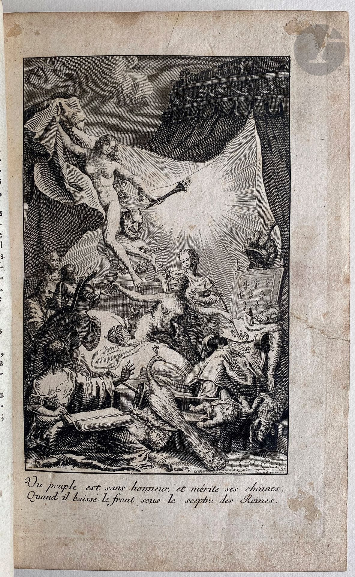 [PRUDHOMME (Louis-Marie)].
Les Crimes des reines de France, depuis le commencement de la monarchie jusqu'à Marie-Antoinette.
London, 1792. - In-8, havana half calf, spine ribbed and decorated, edges speckled (contemporary binding).

Uncommon second edition of one of the most violent pamphlets ever written against women's participation in power.

Profoundly anti-feminist, it was long and falsely attributed to the famous woman of letters, novelist and feminist Louise-Félicité Guinement de Keralio Robert (1758-1822). It could be the work of Louis-Marie Prudhomme, the book's publisher, or of a Swiss intellectual called Jean-Pierre Bérenger (1737-1807). 

Whoever the author, in this book he defends the idea that a woman is worse than a man when she has to command, and reviews all the queens of France right up to Marie-Antoinette, whom he condemns with verve.

The edition is illustrated with 5 plates, including a frontispiece. Except for the frontispiece, this is an inverted reproduction of the engravings in the original edition. With the exception of the frontispiece, they bear De La Rue's signature, whereas the engravings in the original are unsigned.

Head cover missing, spine rubbed. Restored tear to frontispiece. Some scattered foxing.