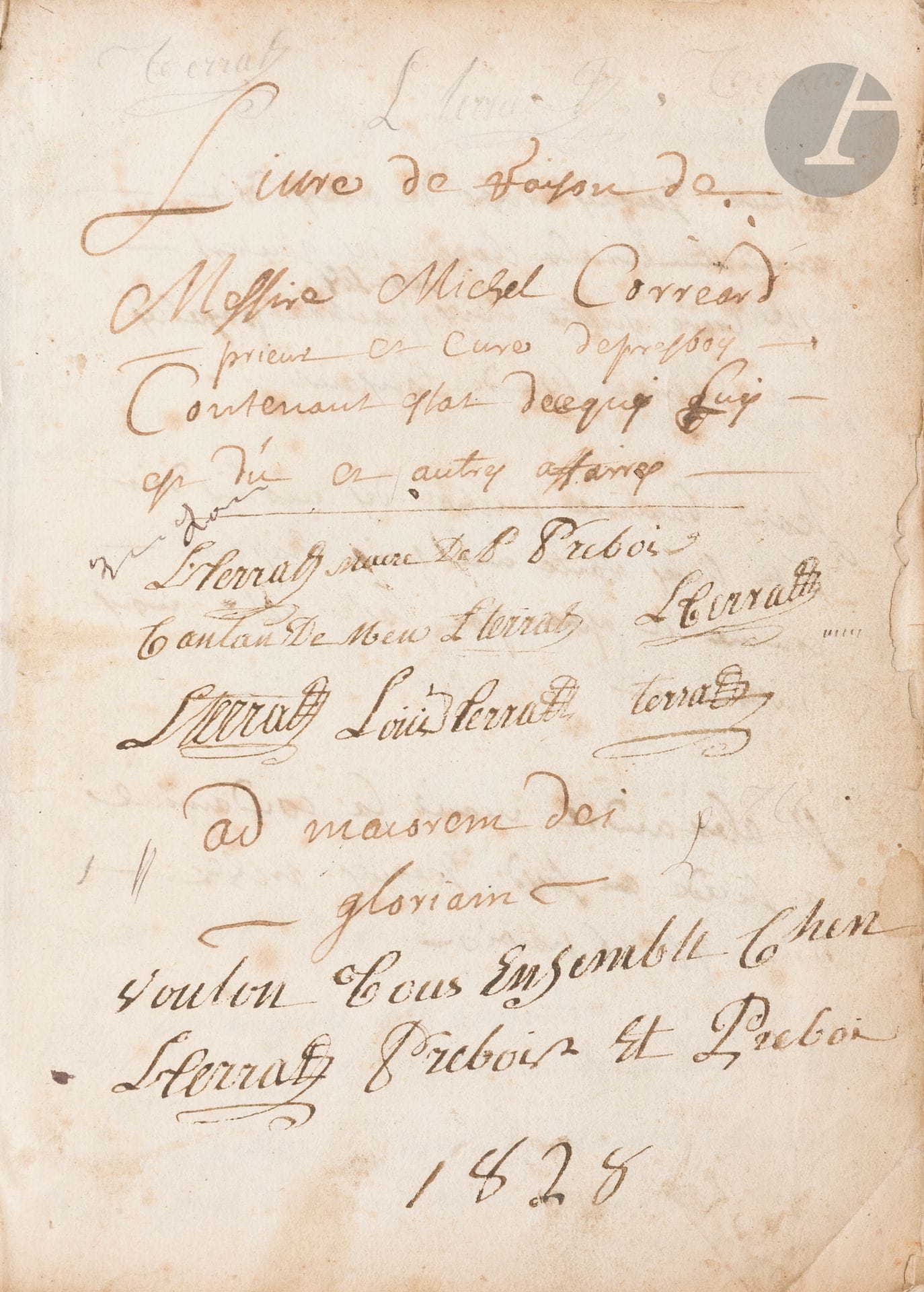 [ISÈRE]. [PRÉBOIS-EN-TRIÈVES]. [SAINT-MAURICE-EN-TRIÈVES]
Livre de raison de Messire Michel Correard contenant estat de ce qui luy est du et autres affaires [suivi de] Livre de conte [sic] pour L[ouis] Terras de Prebois [suivi de] Liouré de Rason countinua par lou Lanrissou Cérilé de Leymar, de Récours, de Célestou, de Brillou. 
En français et en provençal, manuscrit sur papier.
France, Prébois (Isère), 1693-1730 ; 1827 ; 1940.
100 ff., plusieurs mains, certains feuillets de format différents, petit registre, reliure de parchemin souple, dos lisse, inscriptions à l’encre sur le plat supérieur (manque de parchemin au dos, taches sur les plats). 
Dimensions : 220 x 165 mm

Manuscrit utilisé au sein de plusieurs familles du Dauphiné, dont celle de Corréard au XVIIIe siècle, puis celle de Terras et la famille de Beaume. 

Des compléments insérés dans les années 1940 sont rédigés pour partie en provençal, notamment une notice sur la ville de « Prabouis-in-Triévas - Doufina » (Prébois), et plusieurs coupures de journaux et poèmes (l’un signé « Lou Lanry Terras de Leymar » ; un autre ensemble de vers : « Souets per lou bel an de Diou 1939 » (daté « Drancy, lou 4 de janvié 1939 » et signé « Lou Lanry Cérilé de Leymar »), des notes intitulées « Barountarias sû Prabouis d’apres des papiés de’ noutèré » (dates 1584-1681). En provençal : « Extré doou Liouré de rason de Louis Joané Correard, châtelin de Prabouis ». Inséré sur un onglet : « Eita doous services militèrés doou Lanry Terras de Leymar » (sur un papier à vignette lithographiée figurant un zouave). On y trouve également la copie d’actes anciens (testaments, acte de notaires divers). 

Lou Lanry (Henry) Terras de Leymar fut l’auteur d’un ouvrage intitulé Le Trièves à travers les livres et les auteurs, 1953 et d’autres ouvrages sur le Trièves.