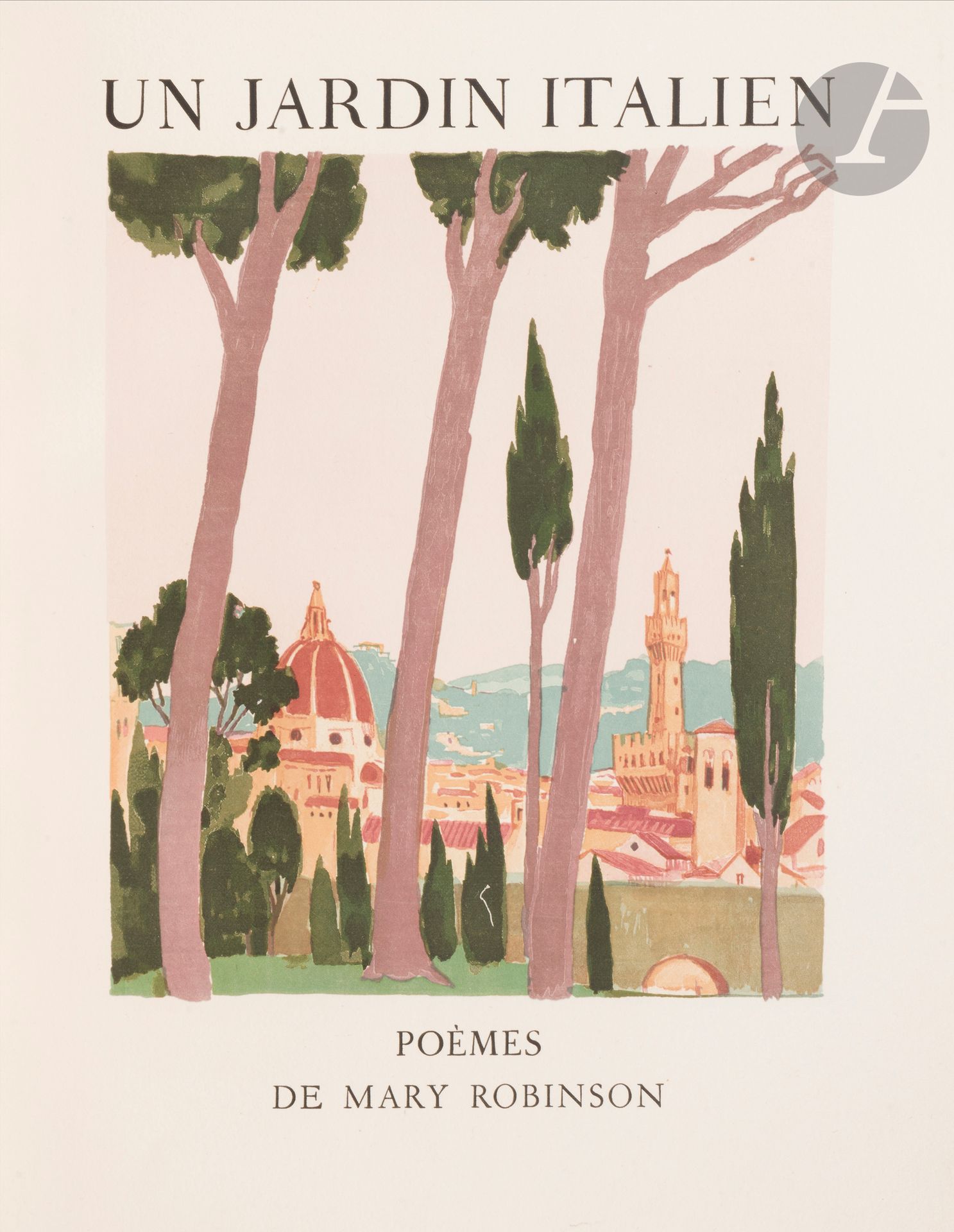 DENIS (Maurice) - ROBINSON (Mary).
Un Jardin italien.
Paris, 1931. — In-4, 285 x 265 : (6 ff. 3 premiers blancs), 66 pp., (2 ff. blancs), couverture illustrée. Parchemin blanc, filets et roulette dorés en encadrement sur les plats, fleuron doré aux angles, écusson doré au centre du premier plat, dos lisse orné, doublures et gardes de soie bleue, tête dorée, non rogné, couverture et dos conservés (Yseux sr de Thierry-Simier).

Première édition de ce recueil de poèmes, en anglais et français, de Mary Robinson (1857-1944), illustrée de 25 compositions de Maurice DENIS (1870-1943), dont une sur la couverture, 12 dans le texte dont une répétée sur le titre, et 11 à pleine page, gravées sur bois par les frères Beltrand.

Tirage unique à 225 exemplaires imprimés sur papier vélin BFK de Rives par l’imprimerie nationale.

Précieux exemplaire provenant de la collection du comte René Philipon (1869-1936), enrichi de 1 à 4 tirages d’états supplémentaires des illustrations, mais également des pièces suivantes :
- une carte de visite de Maurice Denis en partie autographe, accompagnée de son enveloppe à l’adresse de René Philipon,
- une lettre autographe signée de Jacques Beltrand, adressée à René Philipon, 1 page in-4, datée du 29 novembre 1931, enveloppe jointe,
- deux lettres autographes de l’autrice, signées « Mary Duclaux », 1 page in-8 carré et 2 pages in-4, à propos d’épreuves.
- Tirage d’essai des 8 premières pages, relié à la fin.

Très bel exemplaire relié à l’époque par Yseux, très bien conservé.

Provenance :
René Philipon, avec écusson du château de Vertcœur sur le premier plat. - Philos Montoy, avec ex-libris gravé par Andrada.