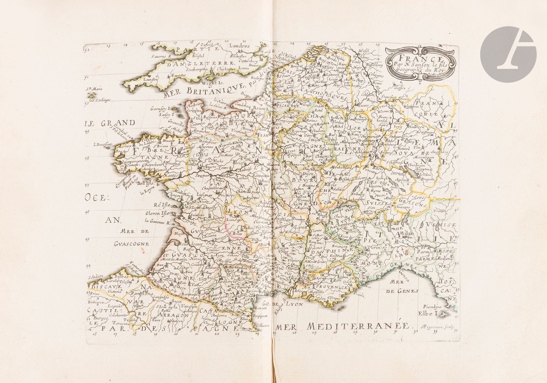 SANSON, N. 
L’Asie / L’Afrique / En Plusieurs Cartes Nouvelles. . . / L’Europe dédiée à monseigneur le Tellier.
Paris, l’Autheur, 1652-1656. — Trois volumes petit in-4. Vélin de l’époque. Reliures usagées. Petit cachet rectangulaire illisible affectant les feuillets blancs ainsi que certaines cartes dans l’angle inf. droit. Manque important de vélin au premier plat de l’Asie, mouillures en fin de volume en partie inf., cachet illisible dans l’angle inf. droit de la carte d’Arabie. Afrique : taches brunes affectant la carte de Barbarie, cachet illisible dans l’angle inf. droit de la carte, quelques mouillures marginales dans le texte.

Ensemble de 3 volumes sur 4 en édition originale des atlas de Sanson comprenant l’Asie (17 cartes), l’Afrique (18 cartes) et l’Europe (12 cartes), dont les cartes ont été finement coloriées aux limites à l’époque. Celles-ci sont accompagnées de feuillets de texte explicatif.

L’atlas de l’Asie comprend d’importantes cartes du Japon et des Philippines ainsi qu’une carte de l’Arabie représentant Bahreïn orthographié « Baharem ». Comme Sanson a été le premier cartographe français à avoir accès aux relevés des Jésuites qui venaient d’arriver de Chine, son travail apporte des informations inédites.

Les premiers atlas publiés par Sanson, un pionnier dans la production d’atlas et dans le fait de faire de la cartographie une science, étaient des atlas in-4 des continents. La plupart des cartes sont gravées spécialement pour ces ouvrages et ne sont pas des réductions de cartes plus grandes déjà publiées. Il édita seul les atlas in-quarto des quatre continents. Ces atlas furent largement répandus grâce aux éditions étrangères dont ils firent l’objet et qui regroupèrent les quatre ouvrages sous le titre général de « Description de tout l’univers ».

Pastoureau, Les atlas français XVIe-XVIIe siècles, Sanson III A.