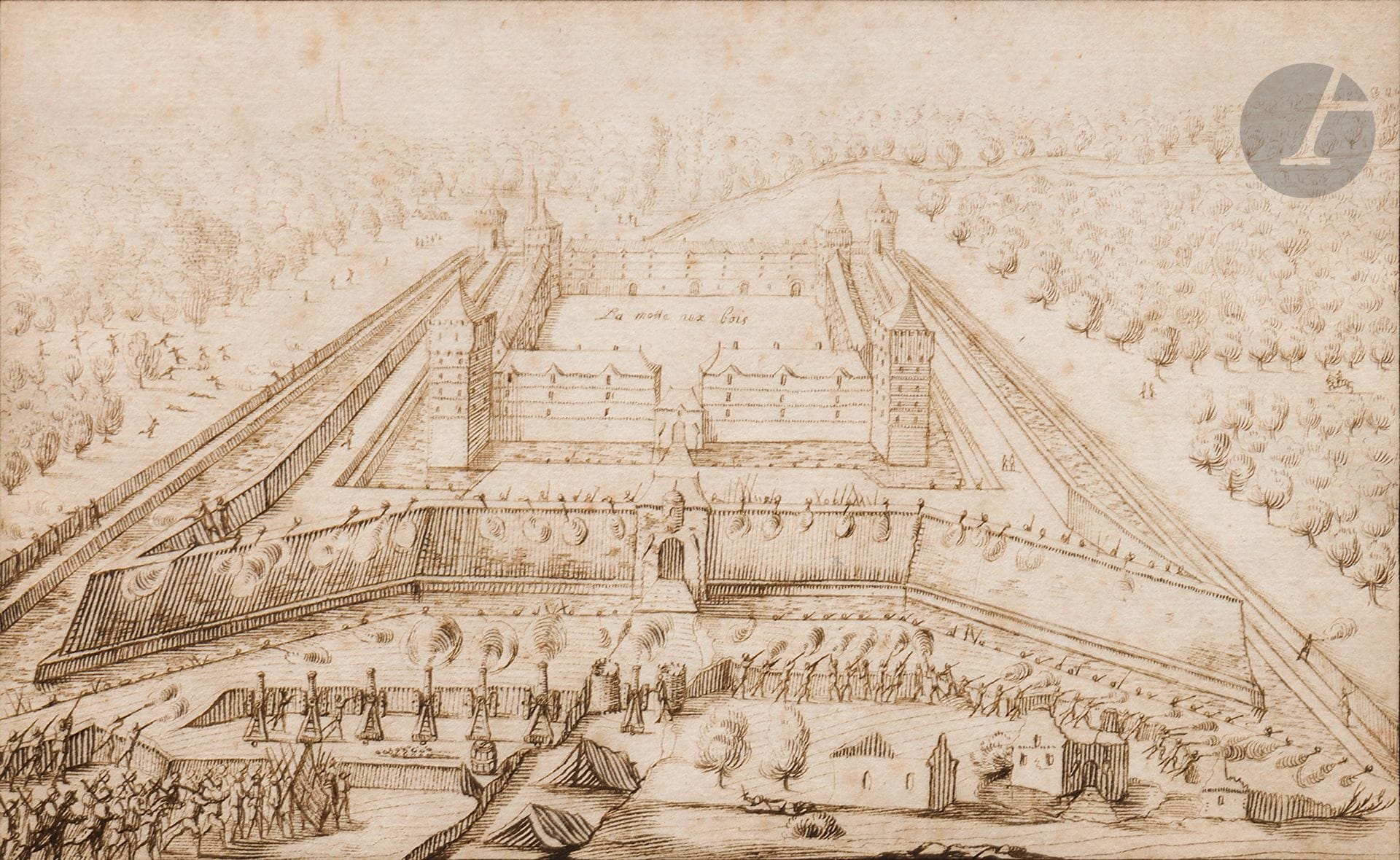 [DESSIN]. [NORD]. [MORBECQUE]. [LA MOTTE-AUX-BOIS]
L’attaque du château de la Motte au bois
Encre brune, dessin sur papier, encadrement.
Attribué à Albert Flamen (1620-1674).

Au dos : étiquette dactylographiée : « FLAMEN (attribué à Albert) – Ecole flamande XVIIe siècle. Siège de la Motte aux bois (arrond. De Morbecque, Nord) – Dessin à la plume ». 

La Motte-aux-Bois est au cœur des affrontements lors de la guerre franco-espagnole : en 1649, les Espagnols prennent la commune. En 1658, Turenne assiège la localité, la prend en trois jours et rase la commune : le château est ruiné. Il sera reconstruit en 1660 puis de nouveau au XIXe siècle.