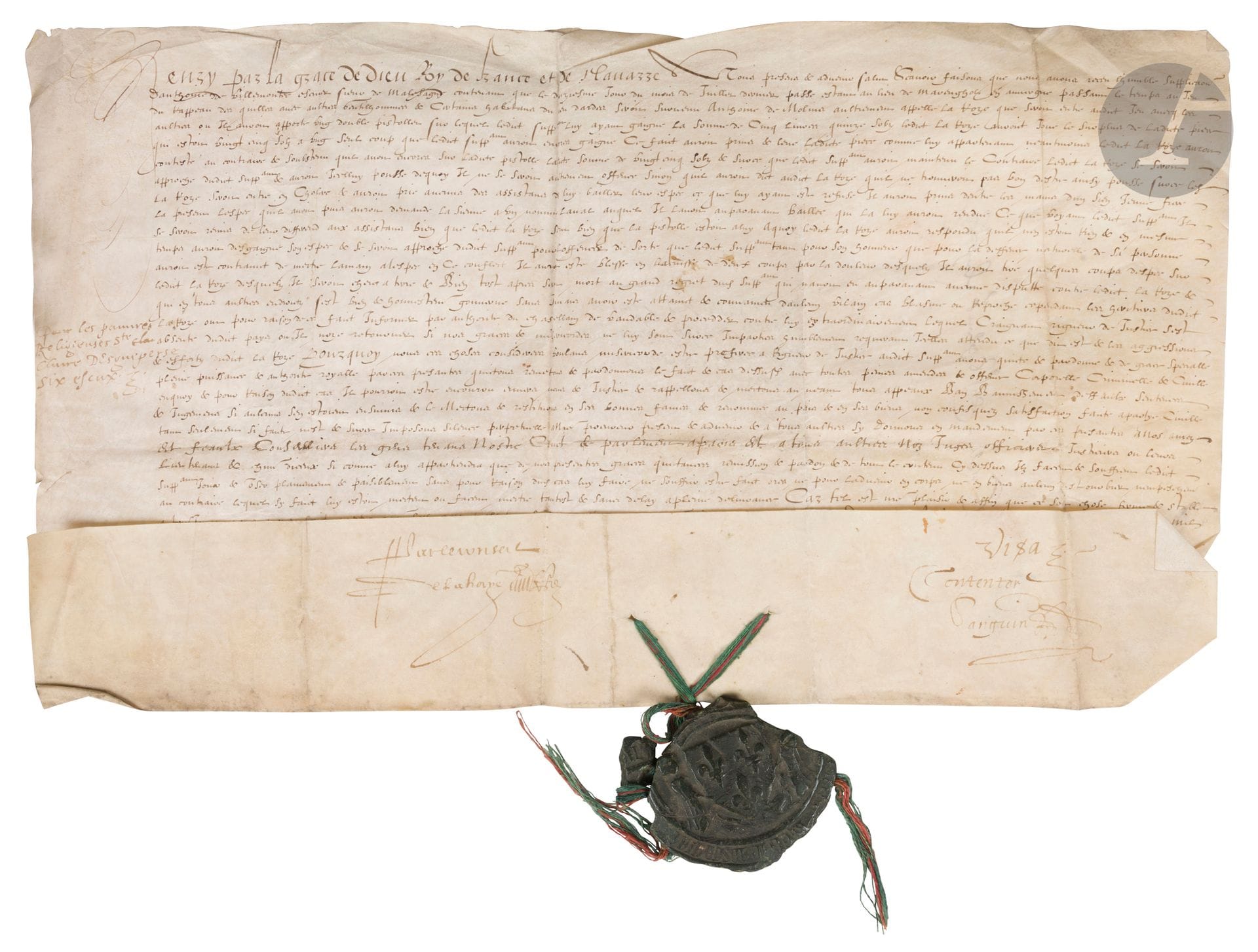 [CHARTE]. [PUY-DE-DÔME]. [ARDES]. [HENRI IV]
Lettres de grâce pour Me Antoine de Villemonteix pour avoir tué a l’épée à la main Antoine de Molins, dit La Roze.
En français, acte sur parchemin, sceau pendant sur lacs de soie de cire verte (accidenté), armoiries de France ; analyses au dos à l’encre ; document plié. 
France, Paris, septembre 1609.
Dimensions : 495 x 285 mm

Description graphique et précise d’une rixe, de la mort par l’épée d’Antoine de Molins, dit La Roze, sur fonds de jeu « du rappeau des quilles ». Le rampeau est un jeu de quilles traditionnel du sud de la France.