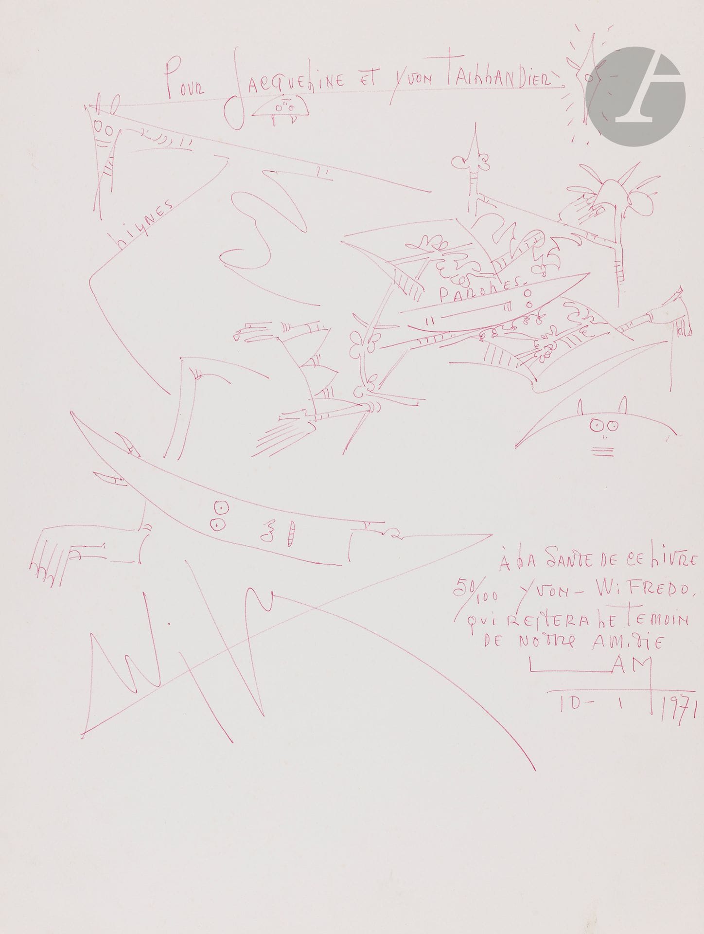 LAM (Wifredo).
Wifredo Lam.
[Paris] : Denoël, [1970]. — Grand in-4, 409 x 305 : (4 ff. premier blanc), 112 pp., (4 ff.). En feuilles, sous chemise rigide et étui en toile de l’éditeur.

Édition originale de cet ouvrage préfacé par Yvon Taillandier et illustré de très nombreuses reproductions en noir et en couleurs d’œuvres de l’artiste.

UN DES 135 EXEMPLAIRES ACCOMPAGNÉS D’UNE EAU-FORTE ORIGINALE NUMÉROTÉE ET SIGNÉE PAR WIFREDO LAM, celui-ci faisant partie des 35 hors commerce. L’eau-forte est sur japon nacré.

PRÉCIEUX EXEMPLAIRE DU PRÉFACIER YVON TAILLANDIER, comprenant sur la première garde blanche, cette belle dédicace autographe signée de Wifredo Lam, autour d’un grand et beau dessin original de l’artiste, le tout à l’encre rouge :
Pour Jacqueline et Yvon Taillandier // à la santé de ce livre // 50/100 Yvon-Wifredo, // 
qui restera le témoin // de notre amitié // Lam // 10 - 1 1971

Taillandier l’offrit par la suite à un de ses amis éditeur, et l’enrichit d’un second double feuillet avec le faux titre de la préface, qu’il a entièrement recouvert sur deux pages d’une très belle gouache originale signée, dédicacée et datée de 2005.

Exemplaire très bien conservé.

Provenance :
Jacqueline et Yvon Taillandier, avec envoi et dessin de Wifredo Lam. - Envoi et gouache d’Yvon Taillandier à un ami éditeur.