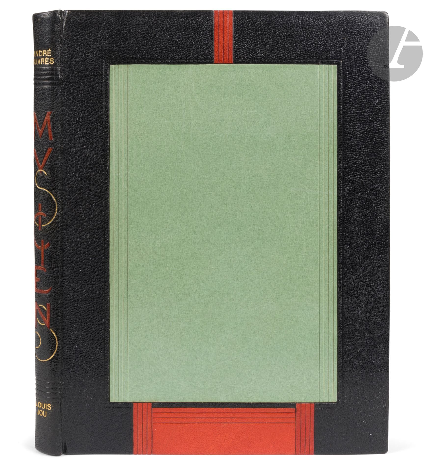 JOU (Louis) - SUARÈS (André).
Musiciens.
[Paris : Louis Jou, 1931]. — In-4, 277 x 210 : (5 ff. deux premiers blancs), 98 pp., (4 ff.), couverture illustrée. Maroquin noir, plats ornés d’un grand rectangle central de box vert d’eau orné de quatre filets à froid, et bordé en haut et en bas de pièces rectangulaires de maroquin orange, dos lisse orné du nom de l’auteur et de l’artiste en lettres dorées, et du titre en long doré et mosaïqué de maroquin rouge, doublures et gardes de papier noir décoré, tête dorée, non rogné, couverture et dos conservés, étui bordé (M. R. Labussière). 

Édition illustrée d’une couverture, de 3 frontispices et de 4 portraits à pleine page en plusieurs couleurs (Beethoven, Achille, Baudelaire et Franz Liszt), ainsi que de près de 100 lettrines, bandeaux, culs-de-lampe et en-têtes, le tout gravé sur bois par Louis JOU (1882-1968) qui a également assuré l’impression avec ses propres caractères.

Tirage limité à 210 exemplaires, celui-ci étant l’un des 125 sur papier vergé à la forme des papeteries d’Arches, enrichi du prospectus de parution.

Très bel exemplaire relié par Labussière.