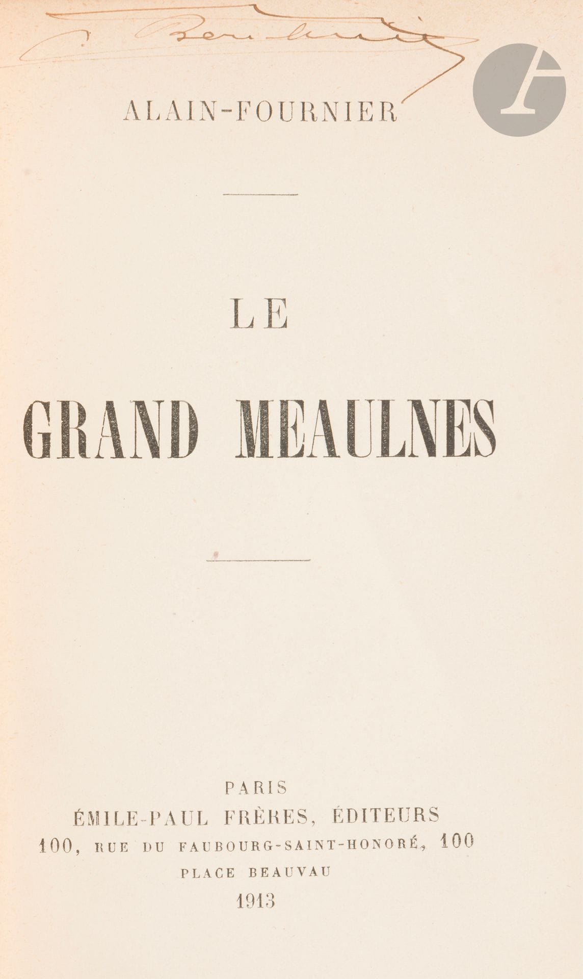 ALAIN-FOURNIER.
Le Grand Meaulnes. 
Paris: Émile-Paul frères, 1913. - In-18, 183 x 115: (4 ff.), 366 pp. (1 blank f.), printed cover. Dark green half calf, spine ribbed, speckled head, untrimmed, cover preserved (Baillot).

First edition.

Le Grand Meaulnes is without doubt one of the major works of French literature. Its importance is such that it exerted a considerable influence on the latter, and many authors have been inspired by the theme developed in the work, namely the dream of youth in search of happiness.

"The great Meaulnes is pursued by the dream of a happiness that now makes him unfit for all others. The absoluteness of his desire makes him separate, unable to find peace and contentment in a finite being. The whole book is thus in continual contrast between this infinite reverie, of which the two main characters are prisoners, and the affection, simplicity and realism with which Alain-Fournier paints the physical and psychological circumstances around them" (Dictionnaire des œuvres, 1980, III, p. 293).

Copy of the first thousand, numbered 536, with the characteristics of the 1st issue copies, including the numbers "9-13" on the table of contents page, the numbers "10-13" on the back cover and the error on page 133 "Chapitre I" instead of "II".

A good copy in a later Baillot binding.
Spine slightly faded, some rubbing.

Provenance:
Bernheim, with autograph signature on title and first page.