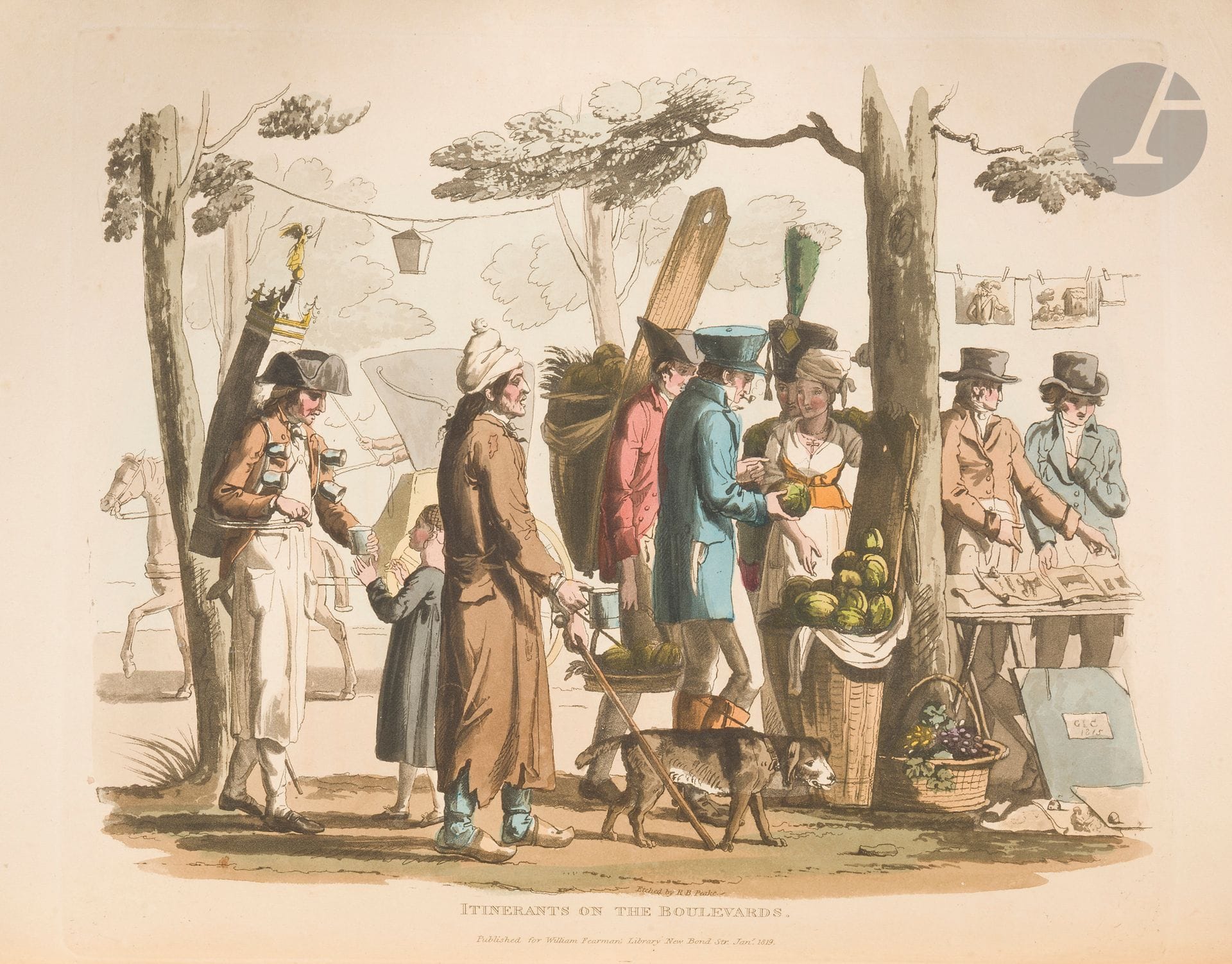 [PEAKE (Richard Brinsley)]. 
Costume caractéristique de France ; d’après des desseins faits par un artiste dernièrement revenu du continent ; avec des descriptions appropriées. - The Caracteristic costume of France ; from drawings made on the spot, with appropriate descriptions.
Londres : William Fearman, 1819. — In-4, 299 x 233 : viii, 37 pp., (3 ff. dernier blanc), 19 planches. Demi-maroquin rouge à long grain à coins, filets dorés, dos à nerfs orné, non rogné (V. Champs).

Colas, 2297.

Seconde édition, la première bilingue français-anglais, de ce beau livre de costumes réunissant 19 aquatintes en couleurs hors texte représentant diverses scènes populaires : Débarquement des voyageurs anglais à Calais. - Pêcheurs et poissardes de Dieppe. - La Diligence parisienne. - Introduction à une auberge française. - Un groupe à Calais. - Des paysans d’Abbeville. - Figures à St Denis. - Itinérants sur les Boulevards. - Le grimacier. - Intérieur d’un café. - Promeneurs parisiens. - Une rue à Paris. - Palais Royal. - Une table à jeu. - Une rue à Paris. - Les catacombes. La morgue. - Vue d’un marché. Un tour à Versailles.

Ces gravures parurent pour la première fois en 1816. Elles ont été gravées à l’aquatinte par Robert Havell d’après les dessins de l’auteur dramatique Richard Brinsley Peake (1792-1847). Contrairement à ce qu’indique Colas, toutes les planches portent la date de 1819.

Très bel exemplaire relié par Victor Champs.
Quelques frottements d’usage à la reliure, un coin légèrement émoussé.
