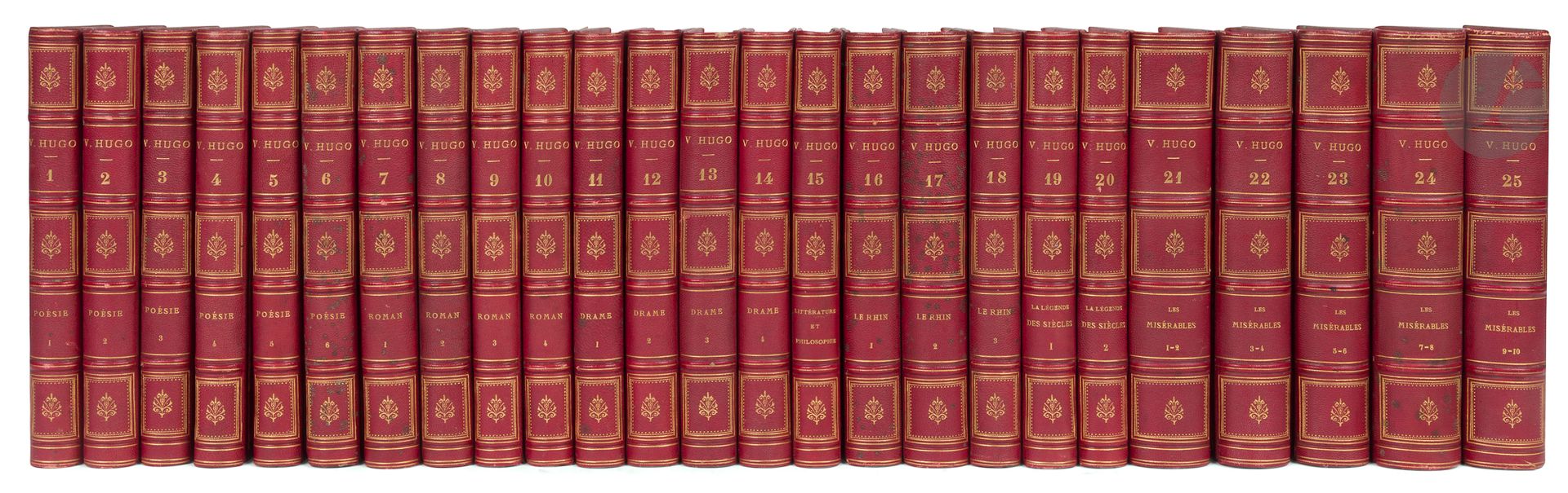 HUGO (Victor).
[Œuvres].
Paris, 1840-1869. — 25 volumes in-8, 223 x 144. Demi-chagrin rouge, dos à nerfs orné, tranches mouchetées (reliure vers 1870).

Exemplaire composite des œuvres de Victor Hugo, en reliure uniforme, comprenant l’ÉDITION ORIGINALE FRANÇAISE DES MISÉRABLES.

L’ensemble se compose des titres et éditions suivantes :
- Odes et ballades. - Odes et ballades. Les Orientales. - Les Feuilles d’automne. Les Chants du crépuscule. - Les Voix intérieures. Les Rayons et les ombres. Paris : Furne et Cie, 1840. — 4 volumes in-8, portrait, (2 ff.), 387 pp., 1 planche ; (2 ff.), 446 pp., 1 planche ; (2 ff.), 423 pp., 2 planches ; (2 ff.), 434 pp., (1 f. blanc).
Ensemble des 6 premiers volumes de l’édition collective donnée par Furne, illustrés d’un portrait de l’auteur gravé par Hopwood, de 2 planches gravées sur acier d’après des dessins de Bayalos, de 2 planches d’après Steinhell, ainsi que d’une vignette gravée sur chacun des titres. Il manque le hors-texte intitulé Sous la baigneuse gravée d’après A. Colin dans le second volume et les deux planches (Albert Dürer et Rencontre) dans le quatrième.
Rousseurs éparses.

- Les Contemplations I. Autrefois 1830-1843. - Les Contemplations II. Aujourd’hui 1845-1856. Paris : Michel Lévy frères, J. Hetzel, Pagnerre, 1856. — 2 volumes in-8, (2 ff.), 359 pp. ; (2 ff.), 408 pp.
Nouvelle édition, parue la même année que l’originale, ornée de deux vignettes gravées sur bois sur les titres.
Rousseurs.

- Han d’Islande. - Bug-Jargal. Le Dernier jour d’un condamné. - Notre-Dame de Paris. Paris : Furne et Cie, 1841. — 4 volumes in-8, (2 ff.), 583 pp. (Han d’Islande) ; (2 ff.), 443 pp., (2 ff.), 1 fac-similé (Bug-Jargal. Le Dernier jour d’un condamné) ; frontispice, 372 pp., 3 planches ; frontispice, (2 ff.), 426 pp., 6 planches
Ensemble des tomes 5, 6, 10 et 11 de l’édition collective publiée par Furne. Chaque titre comporte une vignette gravée sur bois et Notre-Dame de Paris est ornée de 14 planches gravées sur acier d’après Tony et Alfred Johannot, Raffet, Camille Rogier et Louis Boulanger.
Rousseurs éparses. La planche « Utilité des fenêtres qui donnent sur la rivière » est déreliée et présente deux traces de pliure ne touchant pas la figure.

- Cromwell, drame en cinq actes. - Hernani. Marion Delorme. Le Roi s’amuse. - Lucrèce Borgia. Marie Tudor. Angelo. Ruy Blas. Paris : Furne et Cie, 1840. —3 volumes in-8, frontispice, (2 ff.), 500 pp., 3 planches (Cromwell, drame en cinq actes) ; frontispice, (2 ff.), 513 pp., (1 f.), 4 planches (Hernani. Marion Delorme. Le Roi s’amuse) ; frontispice, (2 ff.), 567 pp., 4 planches (Lucrèce Borgia. Marie Tudor. Angelo. Ruy Blas).
Ensemble des tomes 7, 8 et 9 de l’édition collective publiée par Furne. Chaque titre comporte une vignette gravée sur bois, et les trois volumes comprennent au total 14 gravures hors texte sur acier. Il manque une planche dans le volume de Cromwell.
Rousseurs éparses. Une planche et deux feuillets déreliés dans le volume de Hernani, derniers feuillets tachés dans le même volume, et 2 feuillets déreliés dans le volume de Lucrèce Borgia.

- Ruy Blas. Les Burgraves. La Esmeralda. Paris : Alexandre Houssiaux, 1860. — 1 volume in-8, (2 ff.), 390 pp., (7 ff.), 4 planches.
Nouvelle édition du tome 4 des Drames de l’édition collective donnée par Houssiaux. Ce dernier l’avait publiée une première fois en 1856. L’édition est illustrée de 4 figures gravées sur bois hors texte.
Rousseurs.

- Littérature et philosophie mêlées. Paris : Furne et Cie, 1841. — 1 volume in-8, (2 ff.), 406 pp., (1 f.).
Tome XII de l’édition Furne.

- Le Rhin. Lettres à un ami. Paris : Alexandre Houssiaux, 1860. — 3 volumes in-8, (2 ff.), 382 pp., (1 f. blanc), 8 planches ; (2 ff.), 447 pp., 11 planches ; (2 ff.), 352 pp., 5 planches.
Réimpression de l’édition Houssiaux de 1857, illustrée ici de 24 planches sur les 30 requises.
Rousseurs éparses.

- La Légende des siècles. Paris : Michel Lévy frères, Hetzel et Cie, 1859. — 2 volumes in-8, XVII, 272 pp. ; (2 ff.), 270 pp., (1 f. blanc).
PREMIÈRE ÉDITION FRANÇAISE, mise en vente avant celle de Bruxelles mais imprimée après cette dernière.
Exemplaire de second tirage, avec la faute typographique corrigée dans le tome I page XVI (le mot « mais » ligne 22 correctement imprimé).
Rousseur éparses.

- Les Misérables. Paris : Pagnerre, 1862. — 10 tomes en 5 volumes in-8, (2 ff.), II pp., (1 f.), 351 pp., (1 f.), pp. (353)-355 ; (2 ff.), 382 pp. ; (2 ff.), 358 pp. ; (2 ff.), 318 pp. (1 f. bl.) ; (2 ff.), 320 pp. ; (2 ff.), 297 pp., (1 f. bl.) ; (2 ff.), 432 pp. ; (2 ff.), 399 pp. ; (2 ff.), 400 pp. ; (2 ff.), 311 pp.
ÉDITION ORIGINALE FRANÇAISE DE L’UN DES MONUMENTS DE LA LITTÉRATURE DU XIXe SIÈCLE.
Cette édition ne parut que deux jours après l’originale Belge.
Exemplaire sans mention d’édition sur les titres.
Rousseurs épa