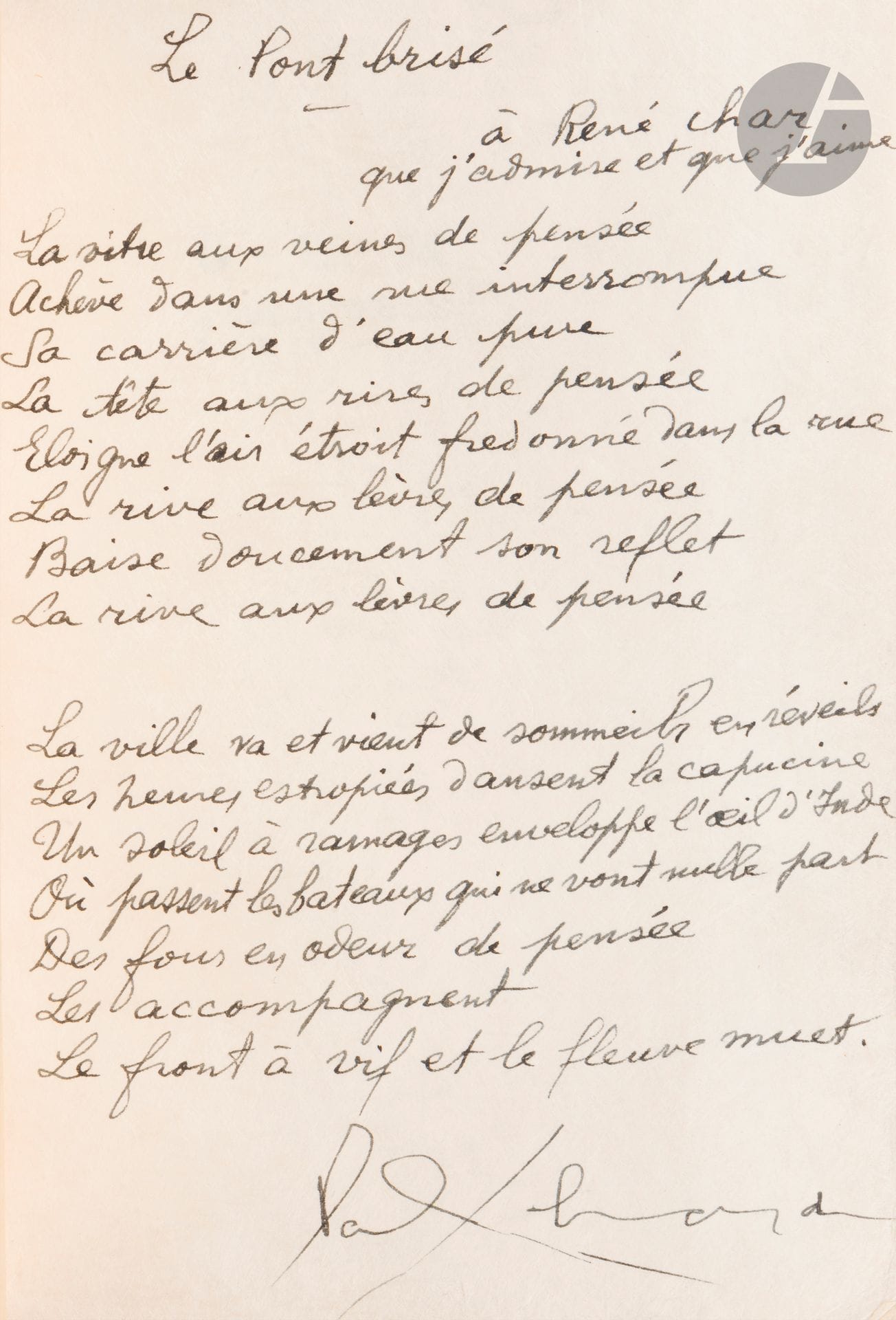 ELUARD (Paul).
Les Yeux fertiles.
Paris : G.L.M., 1936. — In-12, 198 x 142 : portrait, 88 pp., (4 ff. dernier blanc), couverture imprimée. Maroquin bleu janséniste, dos lisse, doublures et gardes de papier bois, tête dorée, non rogné, couverture et dos conservés, chemise à dos et bandes à rabats de maroquin bleu, étui bordé (Creuzevault).

Édition originale illustrée de 5 compositions de Pablo PICASSO, dont un portrait de l’auteur reproduit sur papier couché, et quatre dessins en noir reproduits à pleine page.

Précieux exemplaire, un des 2 d’auteur hors commerce sur japon nacré, non signalés dans la justification, celui-ci justifié « H. C 1/2 » offert par Eluard à René Char. Il est enrichi sur le premier feuillet blanc de la copie autographe du poème Le Pont brisé, dédicacé : 

à René Char // que j’admire et que j’aime

et sur le faux titre de cet envoi :

Avignon // Nous ne sommes restés qu’un moment à Avignon // 
Nous avions hâte d’arriver à l’Isle-sur-Sorgue // Où René Char nous attendait. // PEluard.

Cet exemplaire ne comprend pas l’eau-forte originale de Picasso qui accompagne habituellement les 10 exemplaires mis dans le commerce sur Japon.

Bel exemplaire relié par Creuzevault. Il comprend une correction autographe de Paul Eluard page 19 où à la fin du poème Le Sablier vide il a barré le mot « vides » pour le remplacer par « propres ».
Dos de la chemise passé, celui de la reliure légèrement passé.

Provenance :
René Char, avec envoi de l’auteur. - Colette Creuzevault.