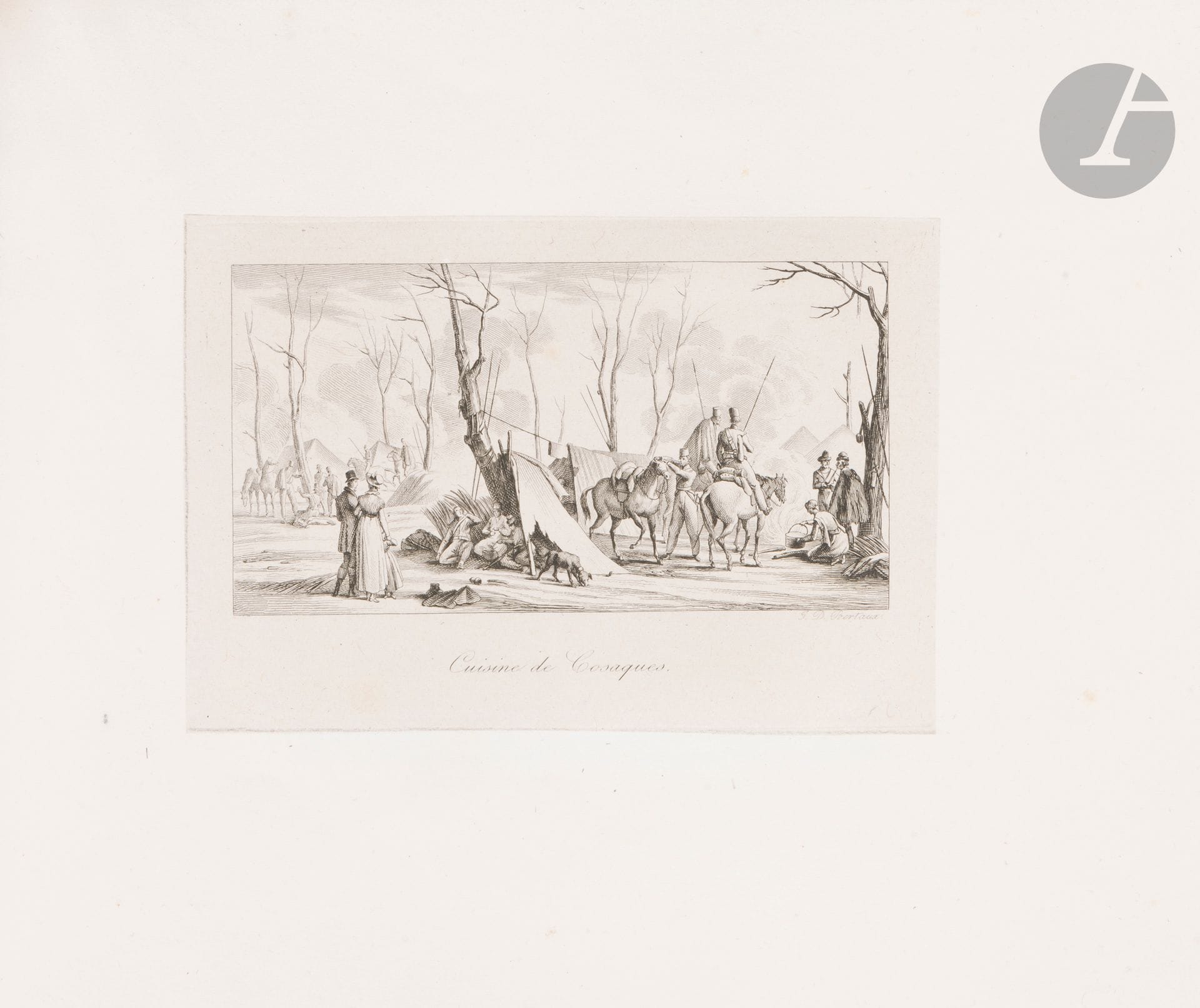DUPLESSIS-BERTAUX (Jean).
Album de la jeunesse, des amateurs, et des artistes composé de vingt-cinq sujets divers. Arts et métiers, chevaux, chasses, scènes militaires, vues et paysages ornés de fabriques et d’animaux, etc. Précédé du portrait de l’auteur et d’une notice historique sur les petits-maîtres Callot, La Belle, et Sébastien Leclerc.
Paris : Joubert, 1823. — In-8 oblong, 204 x 260 : (1 f.), 16 pp., (1 f.), 26 planches. Demi-maroquin rouge à long grain à coins, dos lisse (reliure pastiche de Marc Ollivier).

Rare édition dédiée au jeune duc de Bordeaux, de ce recueil publié en hommage à l’artiste peintre et graveur Jean Duplessis-Bertaux (1750-1818). Débutant par une Notice historique sur la gravure à l’eau-forte, l’ouvrage propose un portrait de l’artiste et 25 eaux-fortes originales de ce dernier sur divers sujets : Le Joueur de Gobelets, Le Bétail à l’abreuvoir, Paveurs à l’entrée des Tuileries, Le Harras, Les Chaudronniers, La Meute de Chiens Courants, Le Coiffeur Barbier, Marche d’Armée, Le Bâtiment en construction, Cuisine de Cosaques, Fabrique de Tuiles, L’Entrée du Bois, Le Maréchal ferrant, La Soirée d’Été, Les Marchandes de modes, Le Déménagement de Campagne, Élèves d’un Lycée Royal, La Promenade à Cheval, Pension de Demoiselles, Le Camp Russe, Bataille de Waterloo, Inspection d’un poste d’Infanterie, Revue des troupes Alliées, Troupes Anglaises & Écossaises et Le Grand Turc.

Exemplaire du tirage de luxe, le plus recherché, avec les épreuves sur chine collé avant le numéro.

Bel exemplaire en reliure à l’imitation de Marc Ollivier, avec utilisation des plats d’origine.
Quelques rousseurs éparses, n’atteignant que très rarement les planches.