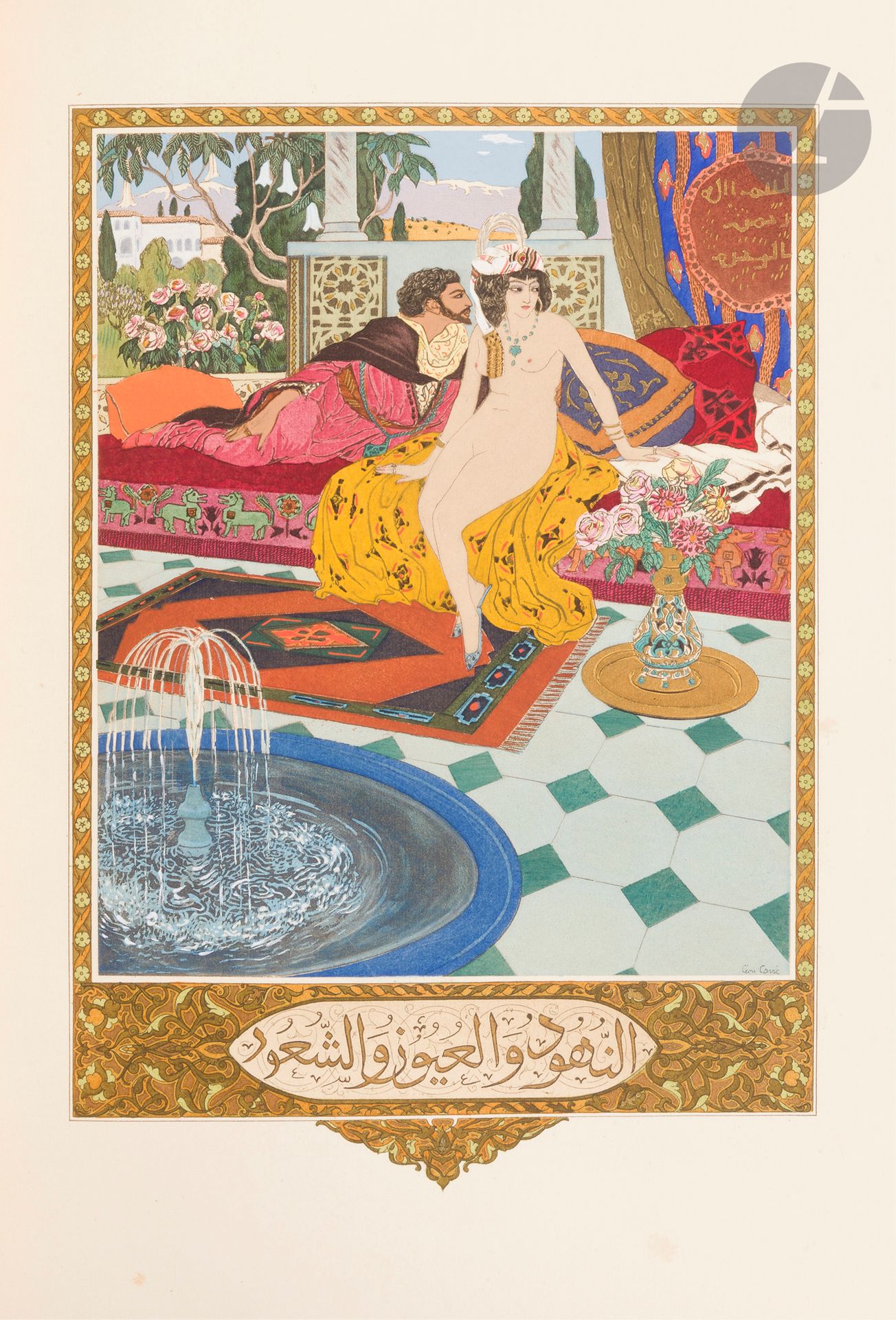 CARRÉ (Louis) - TOUSSAINT (Franz).
Le Jardin des caresses. Traduit de l’arabe.
Paris : H. Piazza, [1914]. —In-4, 300 x 230 : 84 pp., (2 ff.), 20 planches, couverture illustrée. Maroquin rouge, triple filet doré en encadrement et plaque orientale dorée au centre sur les plats, dos à nerfs orné, quintuple filet doré en encadrement à l’intérieur, tête dorée, non rogné, couverture conservée, étui bordé (Durvand).

Édition illustrée de très nombreuses bordures, arabesques et lettrines imprimées en couleurs et à l’or, ainsi que de 20 très belles planches composées d’après Léon CARRÉ (1878-1942), coloriées et dorées au pochoir sous serpente légendée.

Tirage limité à 500 exemplaires numérotés. Celui-ci fait partie de ceux tirés en plus du tirage numéroté, imprimé sur papier vélin à la cuve pour Franz Toussaint.

Très bel exemplaire en reliure de l’époque de Lucien Durvand, enrichi du spécimen d’une page de texte et d’une illustration avec sa serpente légendée.
Petites traces noires sur les plats. Quelques très rares rousseurs. Traces laissées par le signet page 41.

Provenance :
Franz Toussaint.