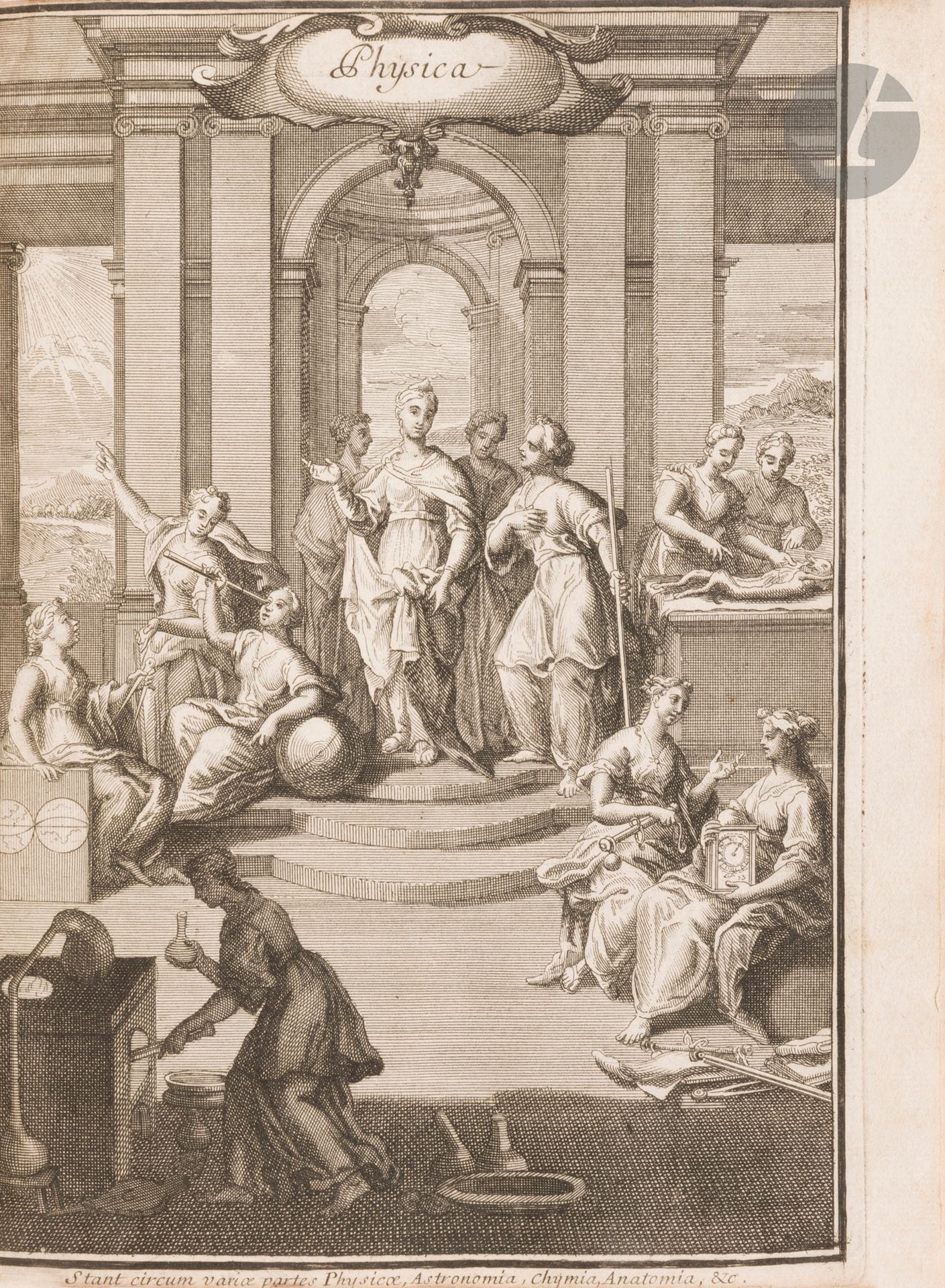 [MANUSCRIT].
Physica.
S.l., vers 1730-1735. — 2 volumes in-4, 211 x 164. Veau brun, dos à nerfs orné, tranches rouges (reliure de l’époque).

Important manuscrit en latin de plus de 400 pages pour le premier volume et de plus de 500 pour le second, de la première moitié du XVIIIe siècle.

Il s’agit d’un cours de physique professé dans un collège jésuite, vraisemblablement à Louis le Grand. D’une écriture parfaitement lisible et presque sans rature, il comprend dans le premier volume tout ce qui concerne la physique des corps : principes et propriétés des corps, leurs places et leurs mouvements, le monde céleste. Le second volume porte sur les sens (la vue, la lumière, le phosphore, le système newtonien, le son, les odeurs, le toucher, la chaleur, etc.), les météores, les comètes, les astres, le magnétisme, etc.

L’exemplaire comprend de nombreux dessins et schémas dans le texte, excepté un dépliant, ainsi que plusieurs vignettes gravées, découpées et collées. On y trouve également un frontispice gravé représentant une allégorie des sciences, légendé « Stant circum variæ Physicæ, Astronomia, Chymia, Anatomia, &c. », ainsi que deux planches gravées, l’une figurant diverses expériences sur le magnétisme, l’autre représentant divers instruments mécaniques.

On trouve à la fin l’indication manuscrite : « A M.D. G.V.q.M », qui semble signifier « A M[ariae] D[ei] G[enetrici] V[irginique] Q[ue] M[atrici] », c’est-à-dire : « À Marie, Mère de Dieu, Vierge et Mère. » On a relié à la fin du second volume un feuillet gravé dépliant dont il ne subsiste que la partie inférieure, le reste ayant été déchiré. Ce morceau de feuillet porte cette indication imprimée : « Has Theses, Deo Duce, et Auspice Dei-parâ Virgine propungnabit Petrus-Renatus Floquet, Clericu Parisinus. In regio Ludovici magni collegio societatis Jesu. Die Veneris decima-quinta Julii 1735, à nona matutina ad undecimo. Pro actu publico » (« Ces thèses seront soutenues, avec Dieu comme guide et sous la protection de la Vierge Marie, par Pierre-René Floquet, clerc parisien, au collège royal Louis-le-Grand de la Compagnie de Jésus. Le vendredi 15 juillet 1735, de neuf heures du matin à onze heures, lors d’un acte public. »).

Il pourrait s’agir, mais sans certitude, de Pierre-René Floquet, jésuite né à Paris en 1716 et mort à Québec en 1782. Le document est daté de juillet 1735, soit un an après son entrée au noviciat de Paris et un an avant qu’il n’enseigne la grammaire et les humanités au collège de Quimper. Il est tout à fait possible que ce manuscrit ait été composé par ce dernier, au moment de sa formation. Il fit par la suite sa théologie au collège de La Flèche (1740–1744) et arriva au Canada le 17 août 1744. « Après cinq années d’enseignement au collège des jésuites de Québec, il tenta la vie missionnaire à Sault-Saint-Louis (Caughnawaga) en 1749–1750, puis revint à Québec comme procureur du collège (1750–1756). En 1757, il remplaça le père Nicolas Degonnor comme supérieur des jésuites à Montréal ; il remplit cette charge jusqu’à sa retraite, en 1780, tout en s’occupant de la Congrégation des hommes de Ville-Marie et du ministère sacerdotal à la chapelle des jésuites » (Joseph Cossette, « FLOQUET, PIERRE-RENÉ », dans Dictionnaire biographique du Canada, vol. 4, Université Laval/University of Toronto, 2003).

Exemplaire dans sa première condition.
Frottements et épidermures, essentiellement à la reliure du premier volume, coins émoussés. Manque la coiffe inférieure du second volume. Plusieurs feuillets blancs découpés à la fin des deux volumes.
