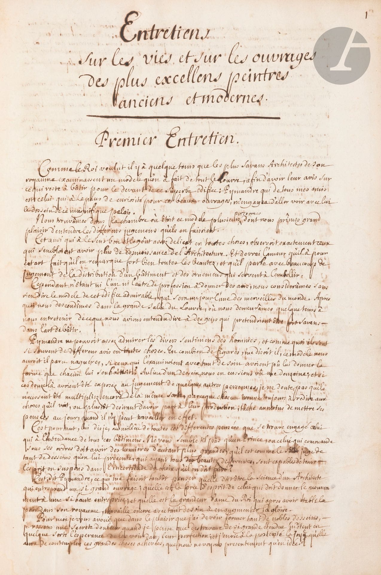 [MANUSCRIT]. 
FÉLIBIEN (André). Entretiens sur les vies et sur les ouvrages des plus excellens peintres anciens et modernes
En français, manuscrit illustré sur papier 
Avec 4 dessins à l’encre et au lavis, p. 190, 192, 194, 195.
France, XVIIIe siècle.
Dimensions : 295 x  200 mm

440 pp., précédés de 2 ff. de gardes + tables (7 ff), suivis de 3 ff. de gardes de papier, écriture très régulière cursive. Reliure de demi-vélin, dos lisse, pièce de titre : « Vies des peintres », plats couverts de papier à la colle, coins de parchemin teinté vert, tranches marbrées. Bon état général. Taches aux premiers 10 feuillets. 

Familier de Fouquet, Poussin et Colbert, André Félibien (1619-1695) fut architecte puis historiographe du roi. Nommé à l’Académie des inscriptions et belles lettres, secrétaire de l’Académie royale d’architecture et conservateur du cabinet des antiquités au palais Brion, sa carrière lui offre un point de vue privilégié sur les hommes qui firent le classicisme. 

Félibien compose ses Entretiens sur les vies et sur les ouvrages des plus excellens peintres anciens et modernes dont le premier volume parut en 1666 (Paris, Le Petit, 1666) puis fut complété sur plus de cinquante ans. La première édition collective, appelée Seconde édition, parut en 1685. La Cinquième partie, avec les Entretiens IX et X, est publiée encore chez Mabre-Cramoisy et achevée d’imprimer le 17février 1688. On trouve dans le présent manuscrit des mentions renvoyant à une édition imprimée : « Page 633 de l’imprimé ».