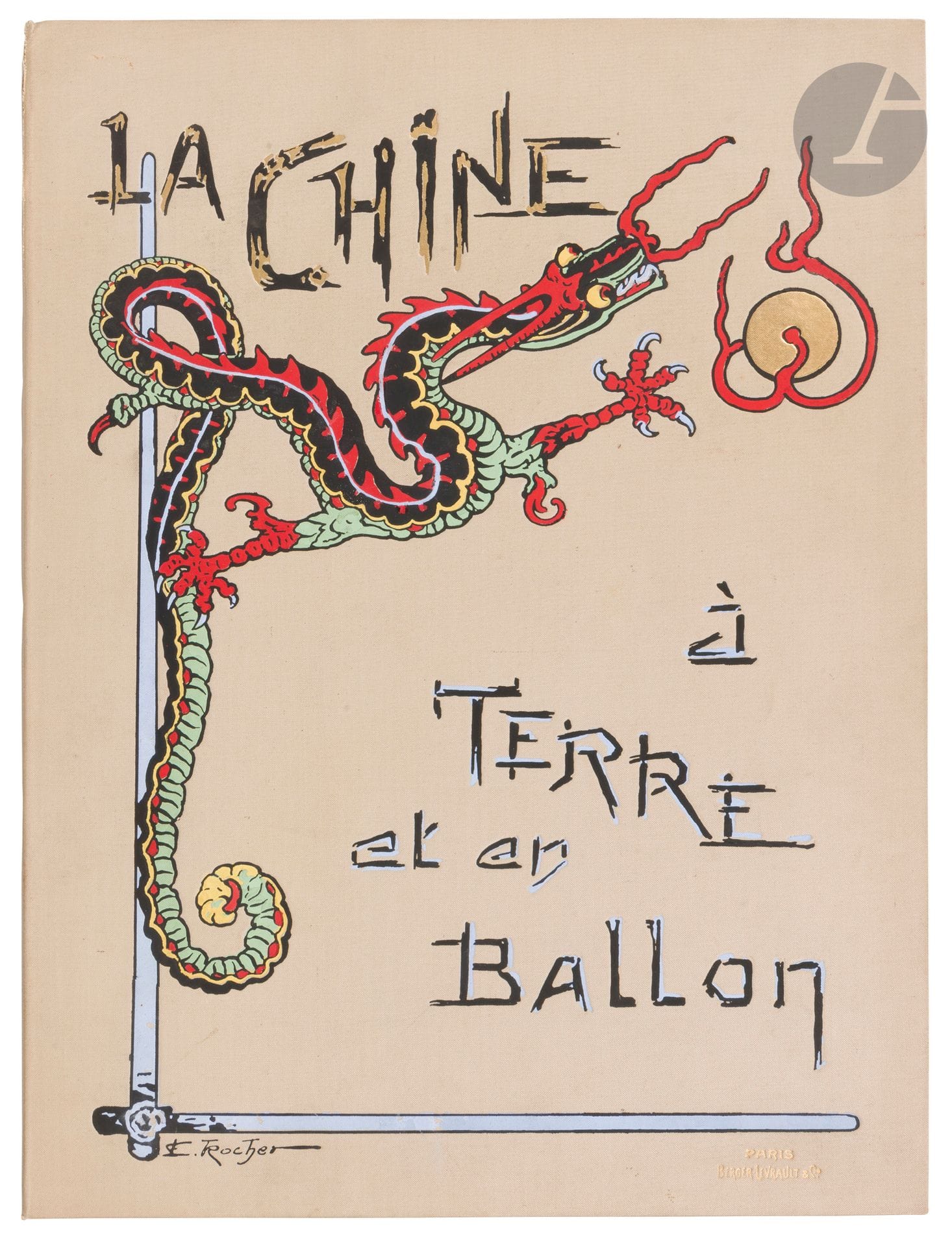 [CHINE].
La Chine à Terre et en Ballon.
Paris : Berger-Levrault & Cie, 1902. — In-4, 328 x 248 : 15 pp., 42 planches, couverture illustrée. En feuilles, sous chemise de toile beige illustrée en couleurs et à rabats.

Album donnant la reproduction de 272 photographies exécutées par des officiers du corps expéditionnaire français lors de la campagne de Chine de 1900-1901, réparties sur 41 planches en phototypie avec légendes explicatives.
Composition en couleurs d’Edmond Rocher sur le cartonnage et beaux encadrements sur la couverture et sur les planches par le même artiste.

Un des très rares 25 exemplaires du tirage de luxe, celui-ci étant l’un des 20 sur papier Wathman (n° 17).

Exemplaire bien conservé malgré une déchirure de 5 centimètres à la charnière du premier plat de la chemise et des brunissures au bord des feuillets.