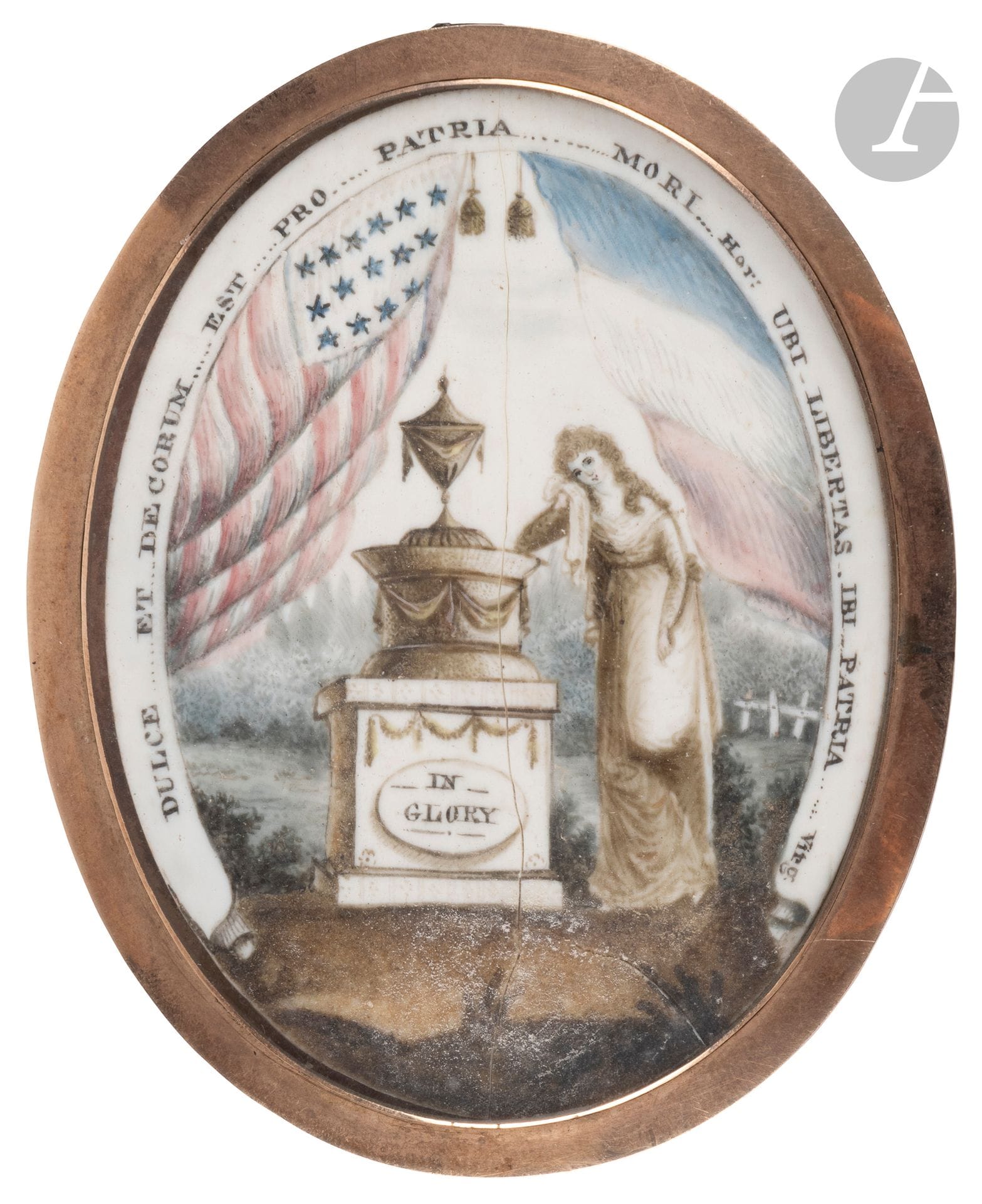 Late 18th century American school.
Woman mourning the ashes of James Loocock Cusack on a background of U.S. and French flags
Captioned "DULCE ET DECORUM EST PRO PATRIA MORI Hor: UBI LIBERTAS IBI PATRIA Virg." 
Oval miniature (broken) on ivory. 
Under glass. Gold frame engraved "A tribute sacred to the Virtues of James Locock Cusack an ardent son of South Carolina inspired by Patriotism and the Rights of Man, the cause of France, his own, quitted his natal shore, thro perilous scenes, joining the Gallie arms, in juvenile glow and fervour of battleat Brussels 24th october 1794 at 19 years magnanimously fell. 
Exemplary Youth. Peace to thy shade."
71 x 54 mm - Gross weight: 40 g
A.B.E. 

Biography: 
Amazing destiny of this young American, James Loocock Cusack, who came to France at 18 for the cause of liberty, serving in the northern army with the dragoons. He died in Brussels on October 20, 1794. 
The Monitor tells his story: "From May 24, 1793, year 2. 
Your newspaper, citizen, is one of the most widespread; we therefore ask you to include the following details, which will be useful to a number of trading houses and interesting for everyone.
A young Charlestownian, eighteen years of age (James Loocock-Cusack), of a most distinguished South Carolina family, son-in-law of Colonel Huger, Mayor of Charlestown, full of enthusiasm for the principles of the French Revolution, left his family, his properties, his habits and his enjoyments, to come and offer his services to the French Republic. He embarked last March on the ship l'Heureux, from Bordeaux, sailing for France, which was taken after a month's crossing by an English privateer who took it to Guernsey. Young Cusack was a prisoner for twenty-two days on this island, and after all efforts in vain to disgust him from his project, he was allowed to follow his destination.
The young republican immediately acquired a boat, took with him some poor Frenchmen held back by the embargo to whom he offered passage; he abandoned himself with them to the care of Providence, and soon landed on the French coast a short distance from Cherbourg. This young man, seeing a coastline bristling with craggy rocks, wanted to move away to land on a nearby shore, which seemed more favorable.
At this retrograde movement, the locals, who thought it was an enemy fleeing, fired their rifles within range, and immediately a fisherman's boat, boarded by several national guards, boarded the foreign boat and brought it ashore.
The zealous municipal officers led the young foreigner and his passengers before us. What was our surprise when, instead of an enemy or emigrant as we had been told, we recognized by a number of letters from citoyen Mangourit, Consul of the French Republic in Charlestown, written both to ministers and to many members of the Convention, etc., that we had in our midst an ardent friend of liberty and the republic, specially recommended to Generals Custine and Biron! We made it our duty to introduce this young man to the municipal officers and the Republican Society, and he was received with applause.