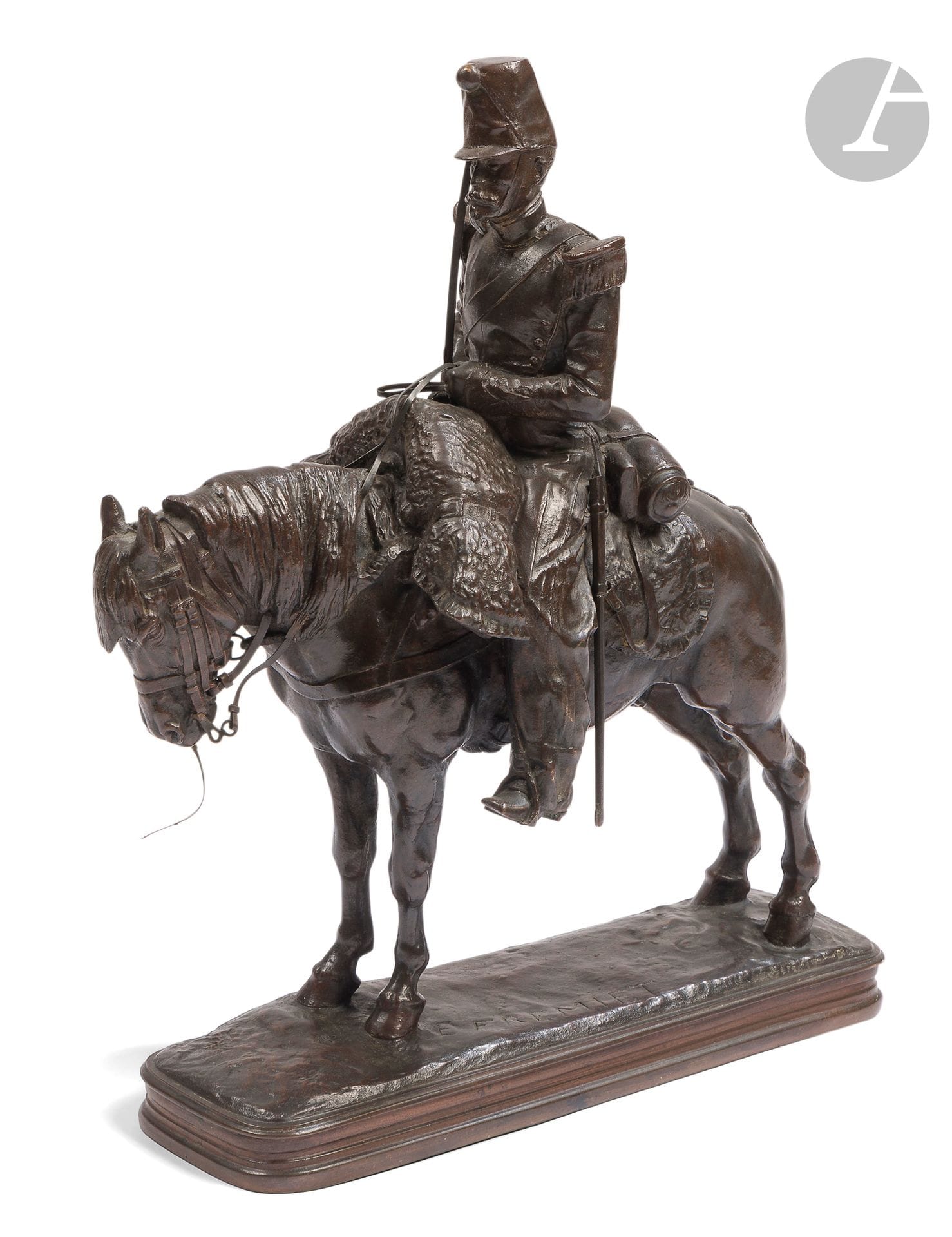Emmanuel FREMIET (1824-1910). French school.
Line artilleryman on horseback
Subject in dark patina bronze, signed on the terrace.
T.B.E.
Height: 36 cm - Length: 27 cm