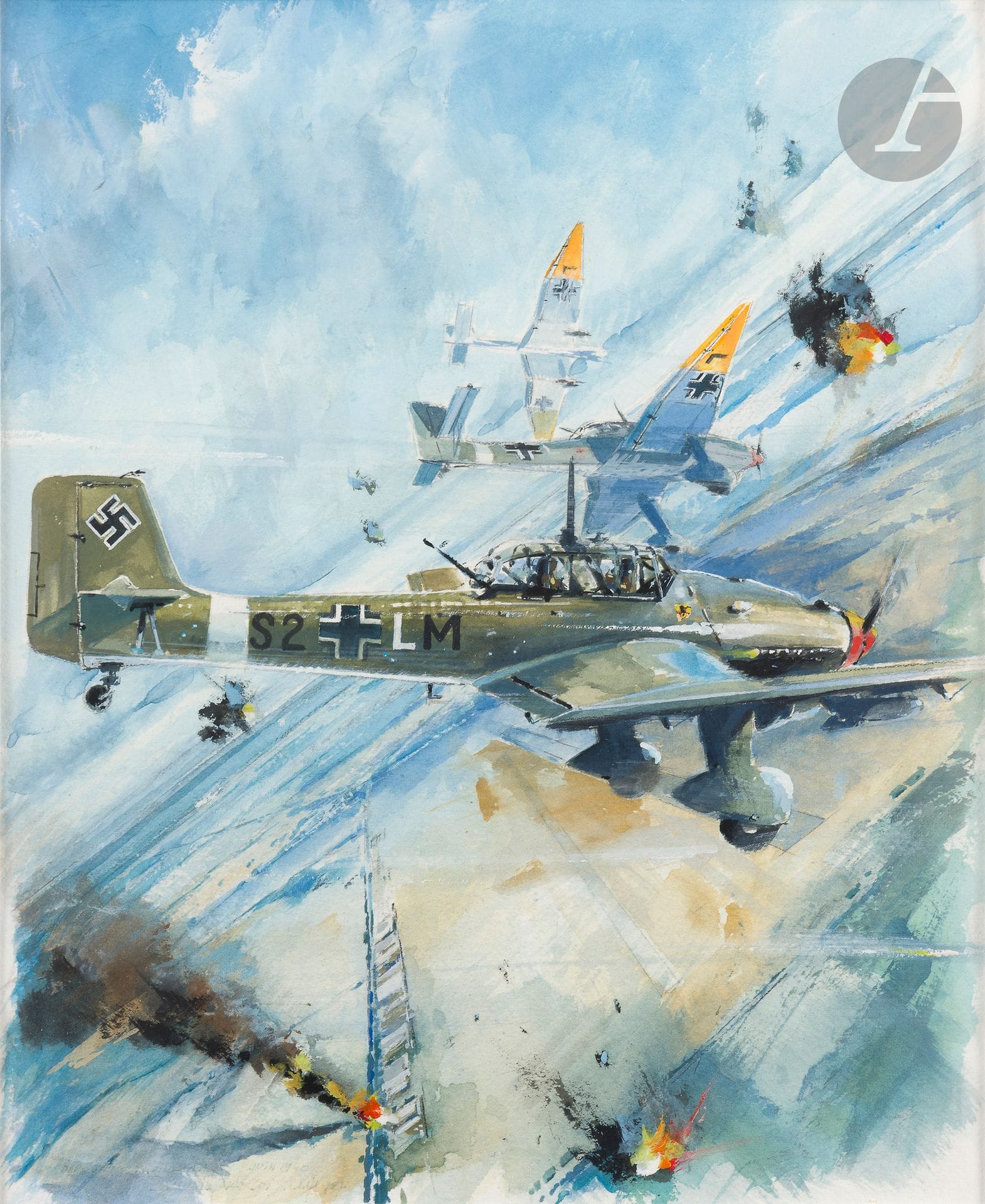 Francis DARTOIS (1934-2015).
Attaque de Junkers 87 «Stuka». Juin 1940
Aquarelle et gouache signée et datée 1982.
36 x 29 cm 
Encadrée sous verre. 
B.E.