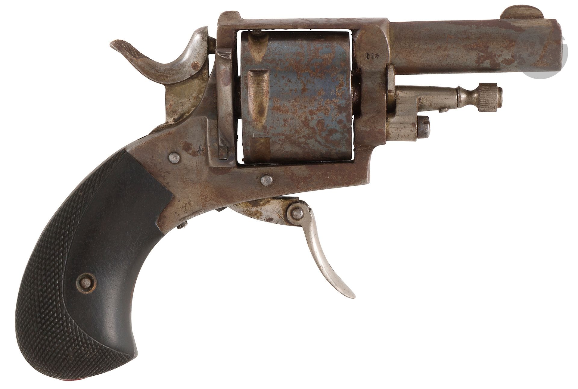 Bull-Dog revolver, six-shot, 320 caliber. 
Round barrel with flats on top. Closed frame. Folding trigger. Blackened wood checkered grip plates. Iron ramrod.
A.B.E. Circa 1880-1900.
In a burgundy leather case.