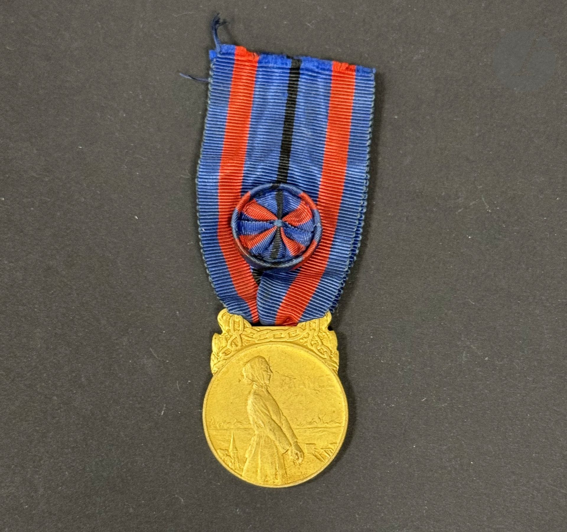 FRANCE 
Médaille « aux victimes de l’invasion » de 1re classe, degré « vermeil » (1921). 
En bronze doré. Poinçon triangulaire du fabricant et « D » du graveur Dautel. Ruban à petite rosette. 
39 x 28 mm
SUP. 

Provenance : Ancienne collection Souyris Rolland